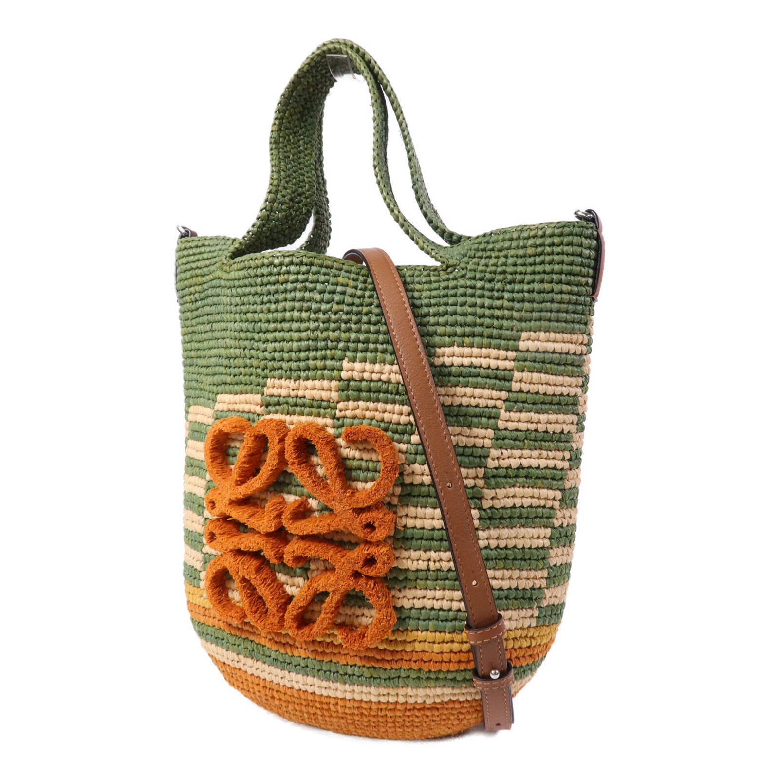 LOEWE 牛皮皮革/Raffia Paula's Ibiza Slit Mini銀扣手挽肩背兩用袋
