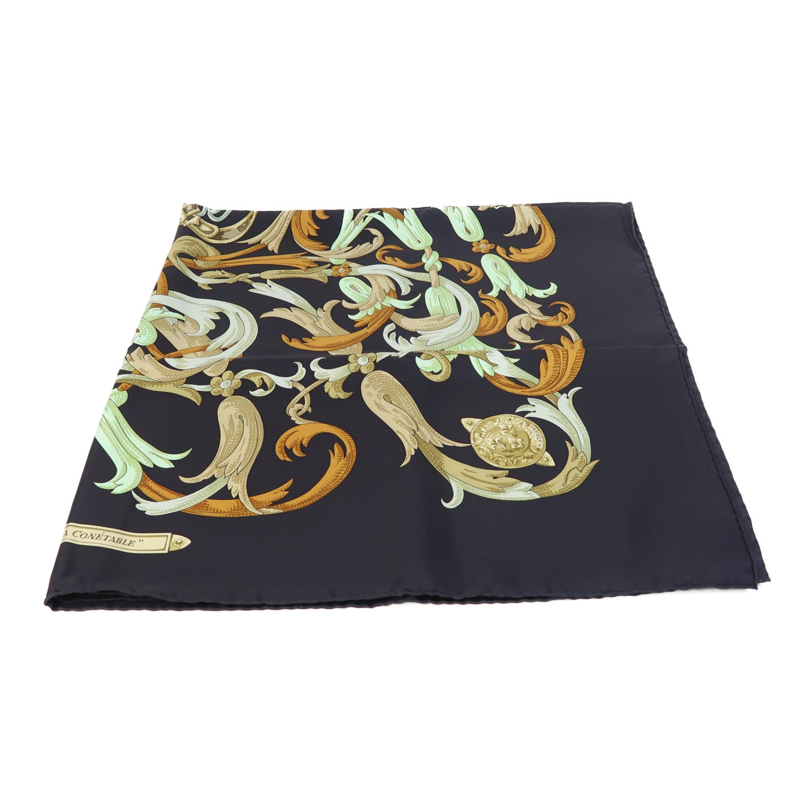 HERMES 絲質Scarf 90X90cm絲巾黑色/綠色/啡色