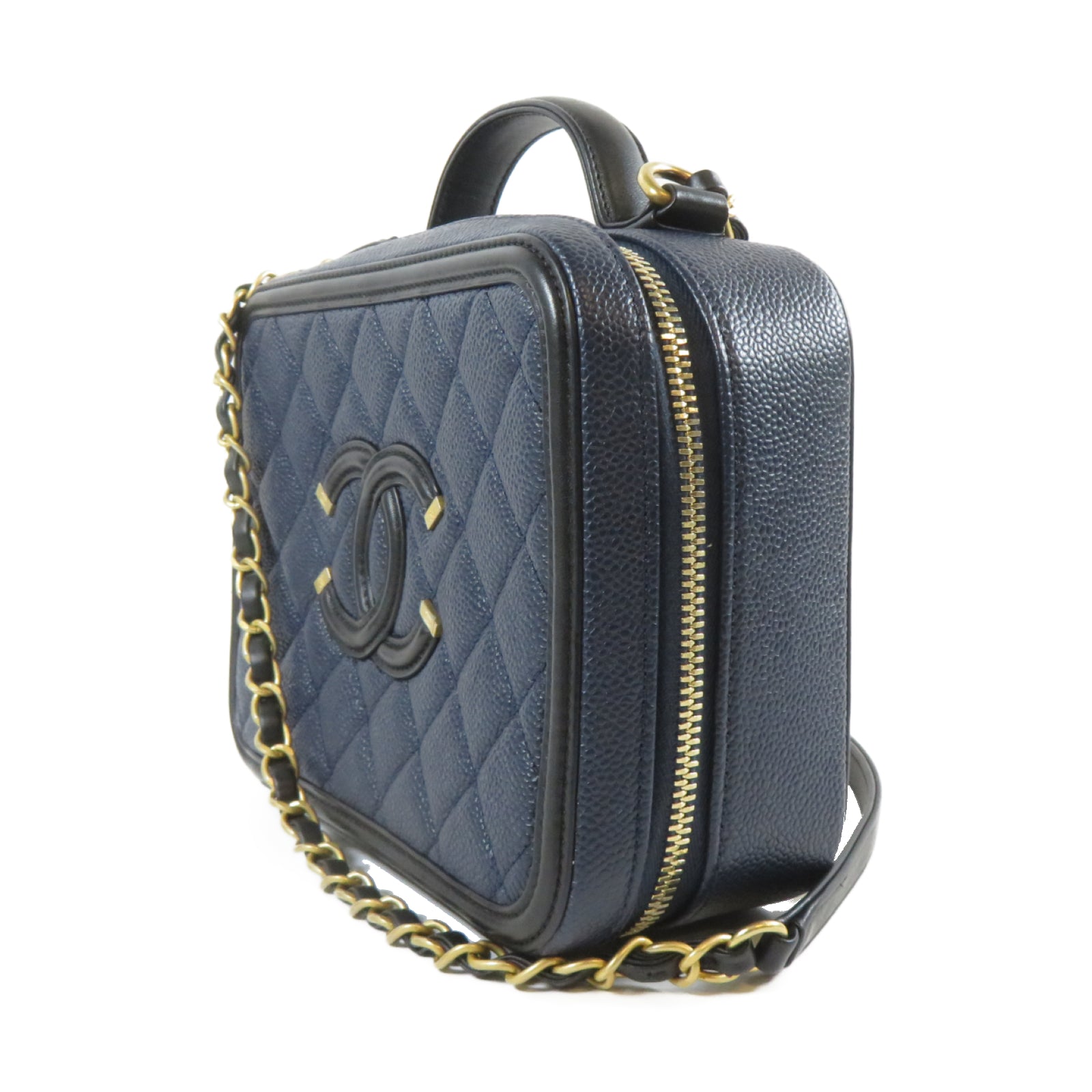 CHANEL 【激減優惠】Caviar皮革Filigree Vanity Case金扣鏈帶肩背袋深藍色