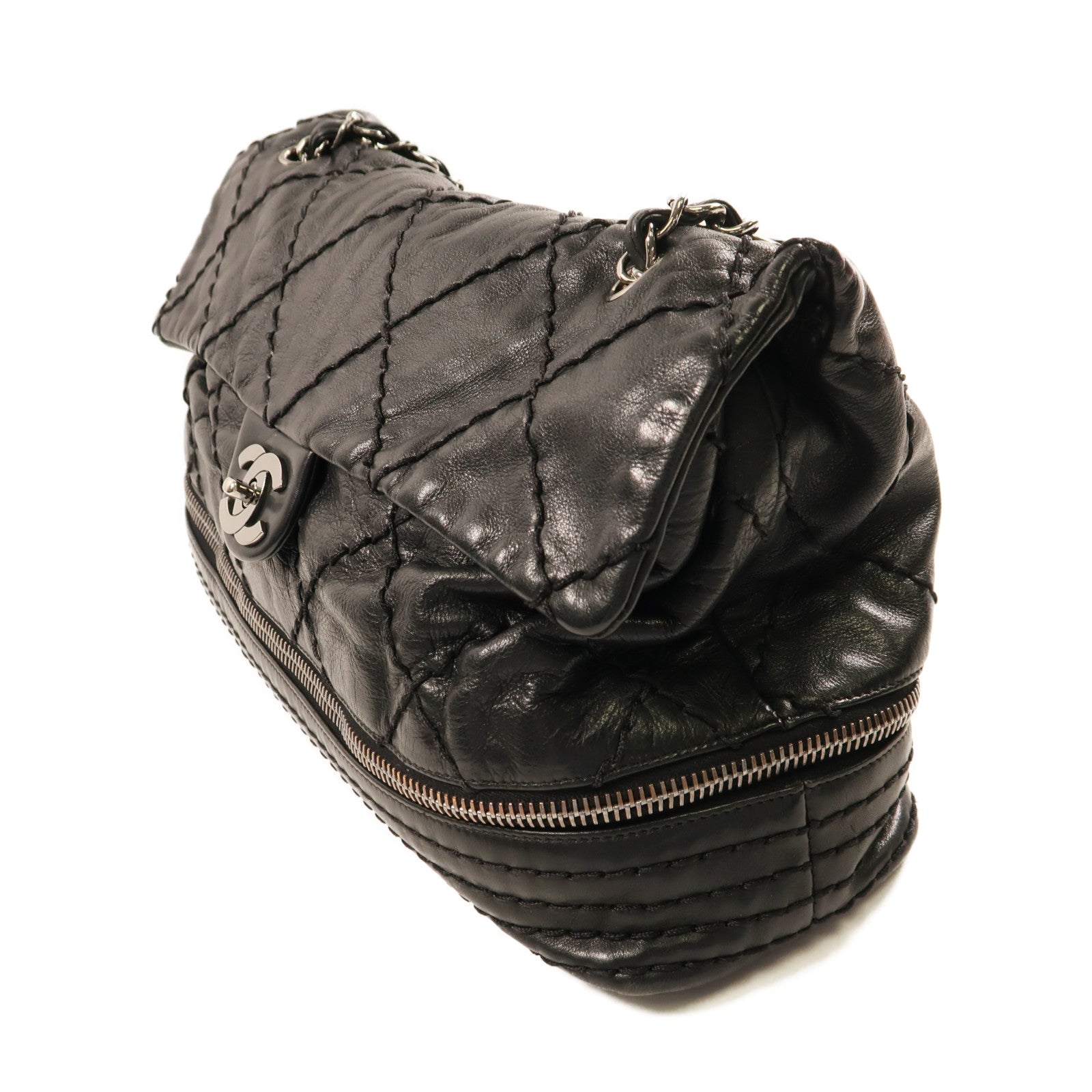 CHANEL 牛皮皮革Chain Shoulder銀扣鏈帶肩背袋黑色