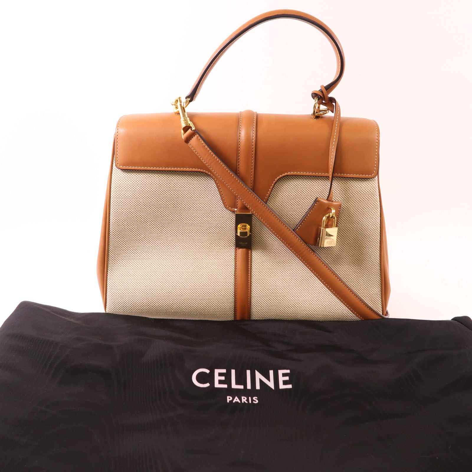 CELINE 帆布/牛皮皮革Classique 16金扣手挽肩背兩用袋