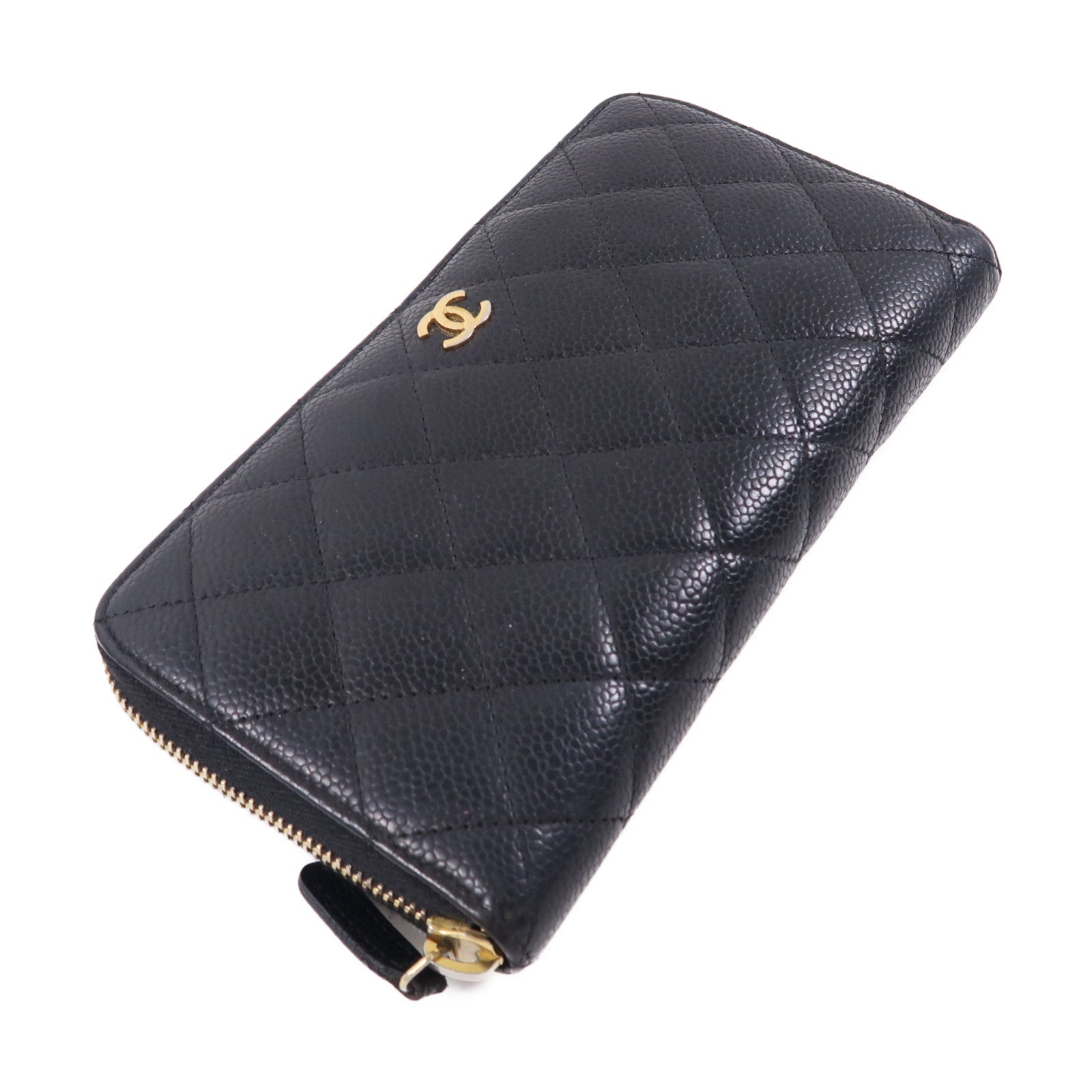 CHANEL 牛皮皮革Zipper Long Wallet金扣長錢包黑色