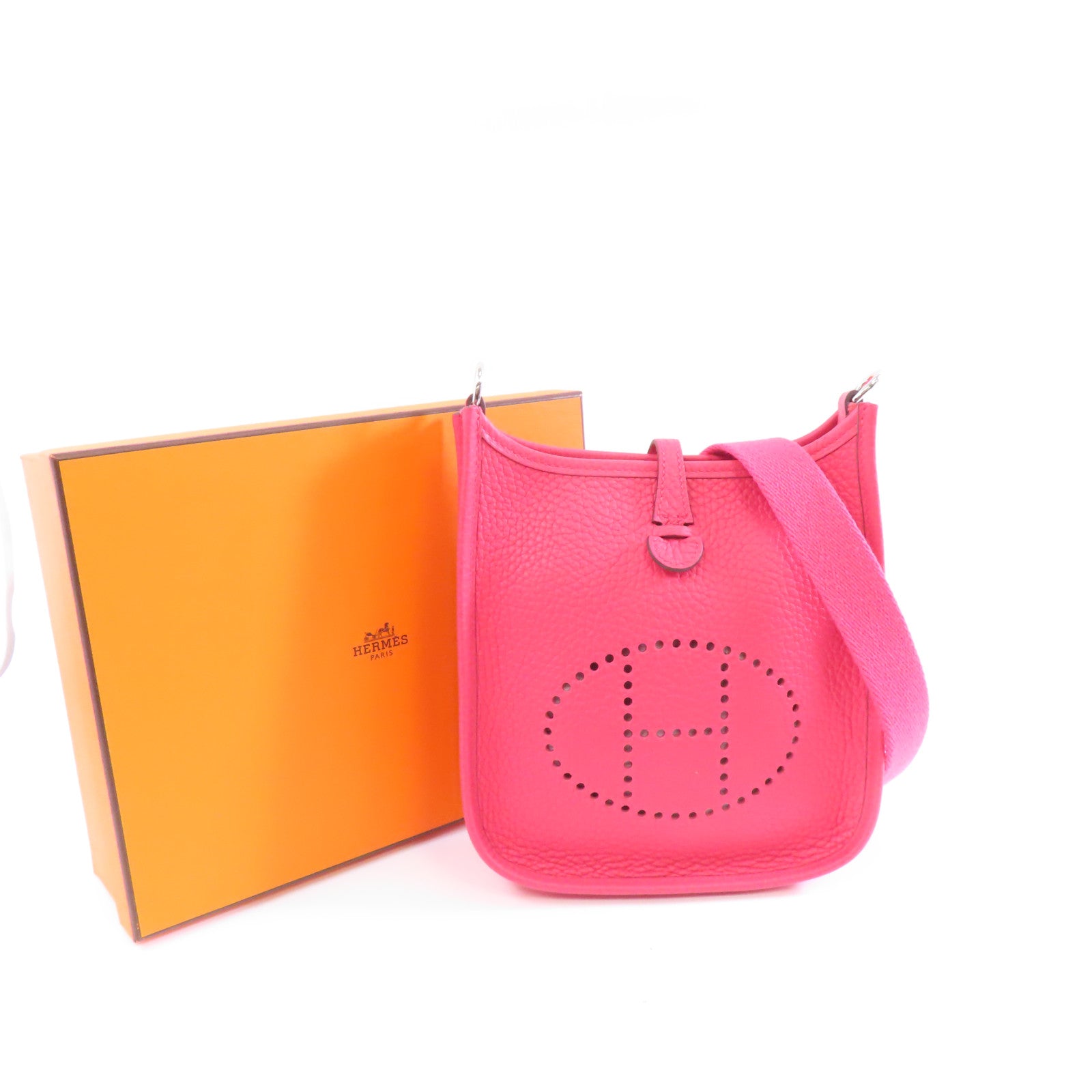 HERMES Clemence皮革Evelyne TPM銀扣肩背袋Rose Extreme/粉紅色