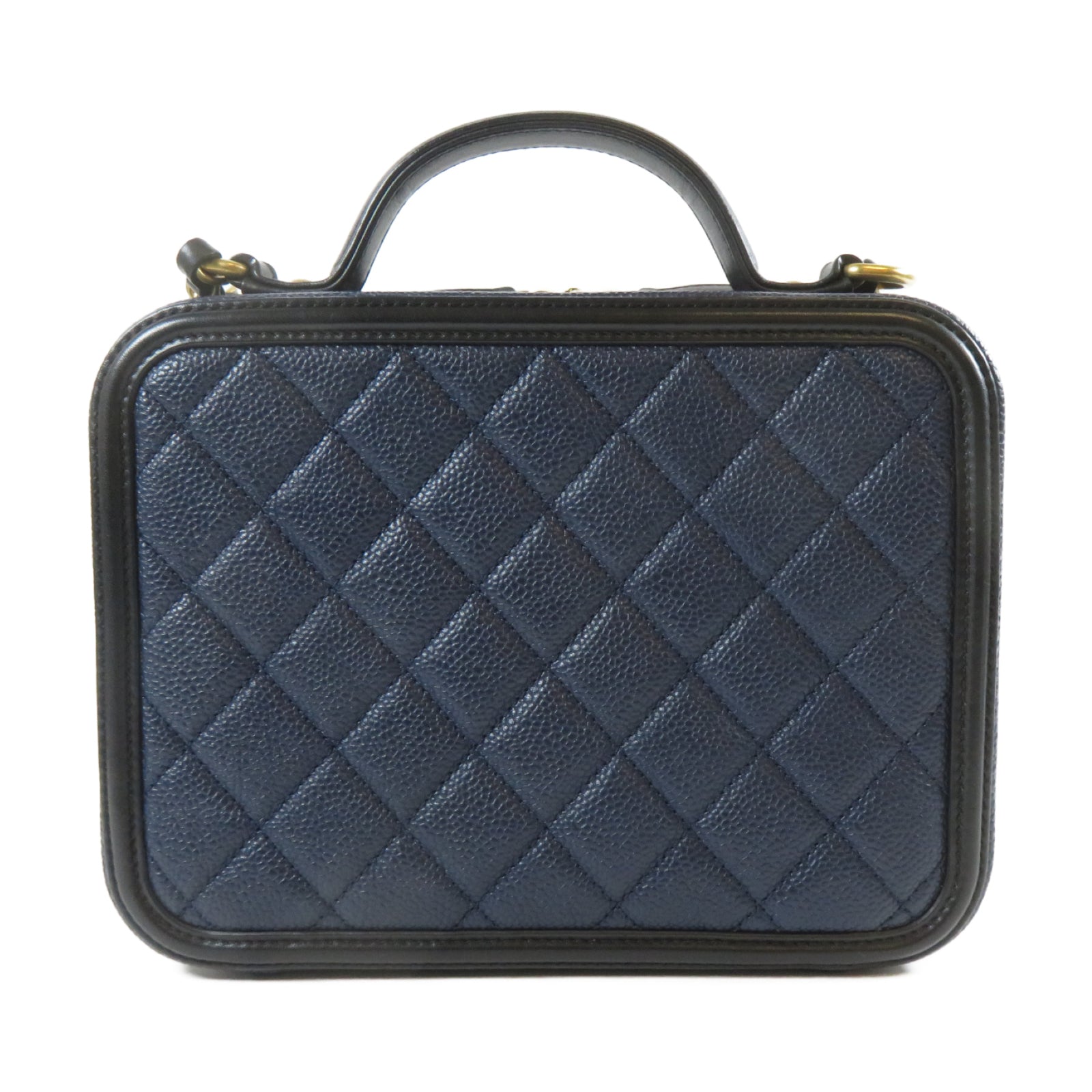 CHANEL 【激減優惠】Caviar皮革Filigree Vanity Case金扣鏈帶肩背袋深藍色