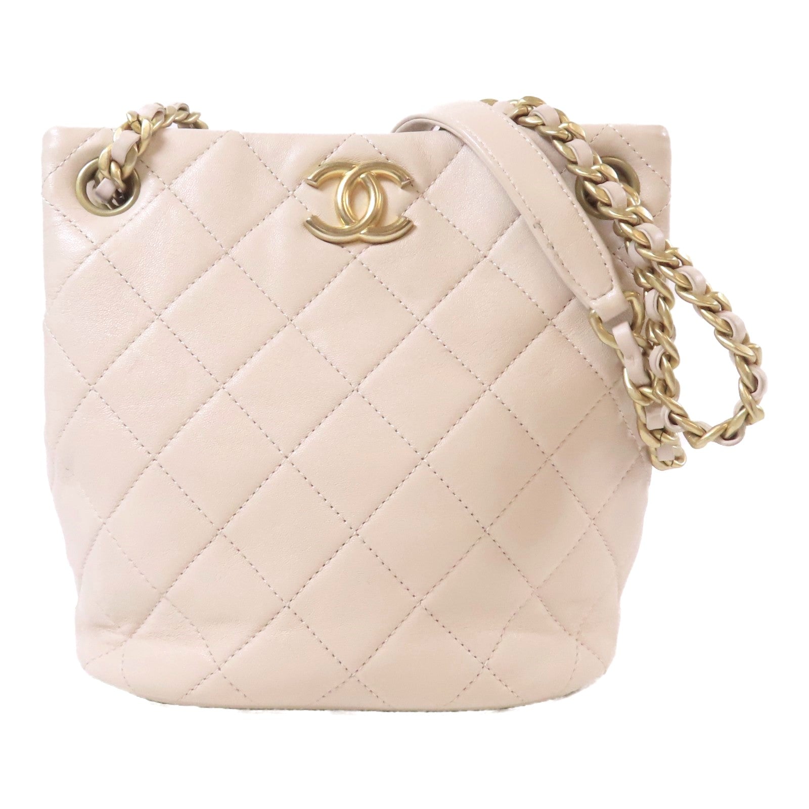 CHANEL 【激減優惠】菱格羊皮皮革Bucket Bag金扣鏈帶肩背袋米色