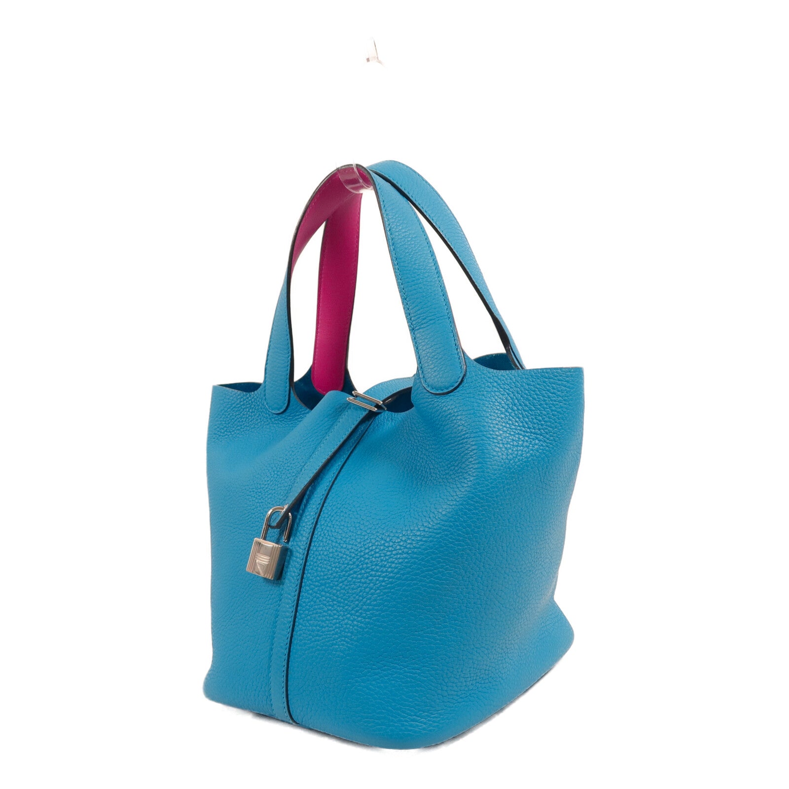 HERMES Clemence皮革Picotin MM扣手挽袋Bleu Frida/Rose Mex
