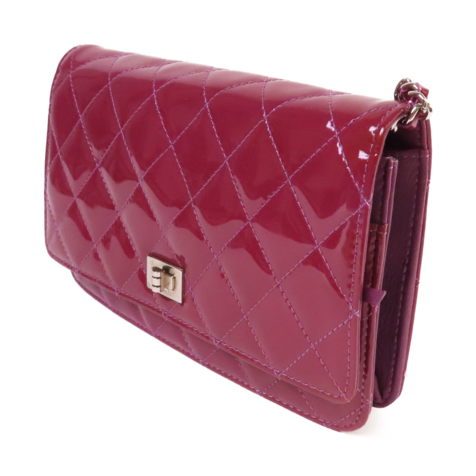 CHANEL 【激減優惠】菱格漆皮皮革WOC Wallet Chain Shoulder Bag銀扣鏈帶肩背袋紅色/紫色