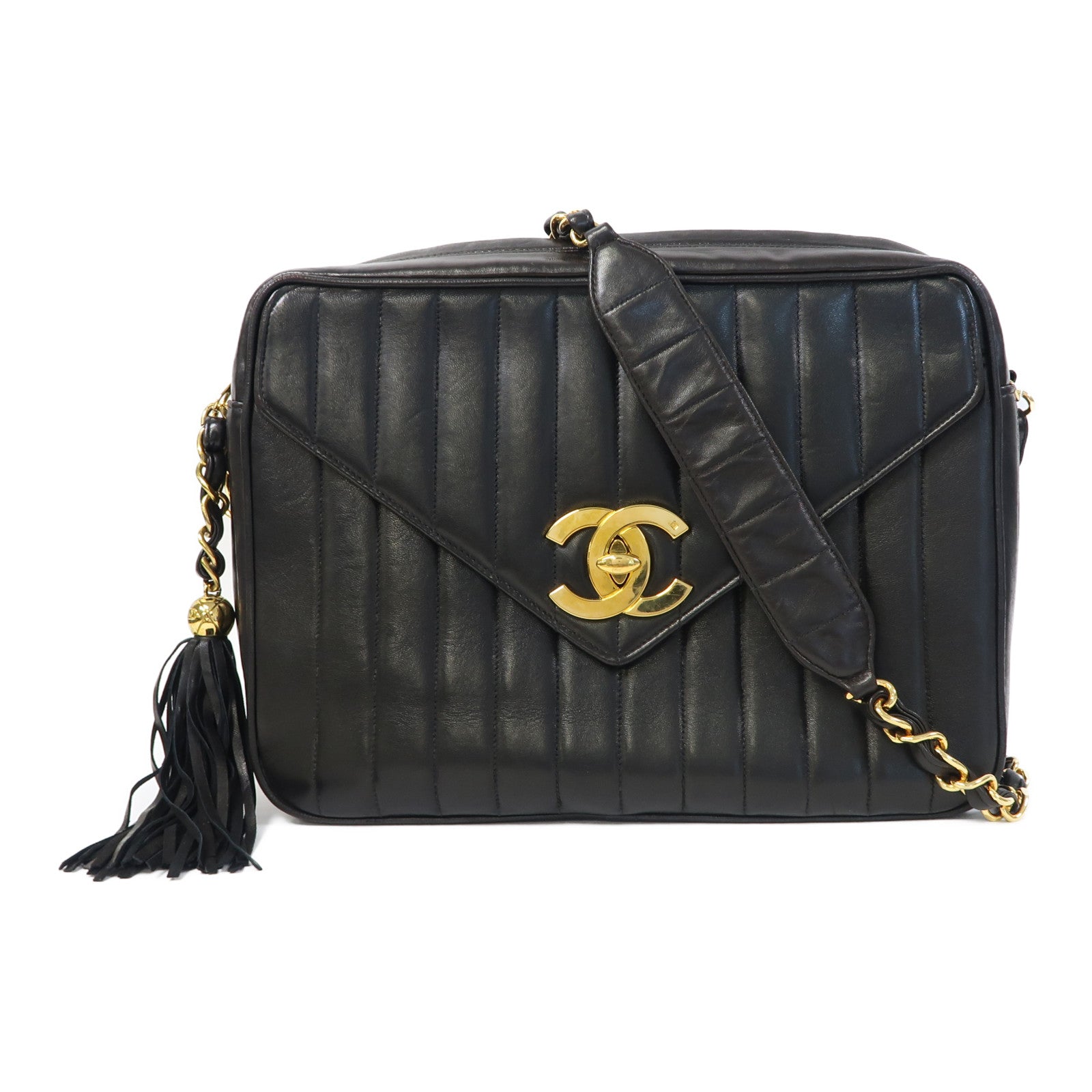 CHANEL 牛皮皮革Chain Shoulder金扣鏈帶肩背袋黑色