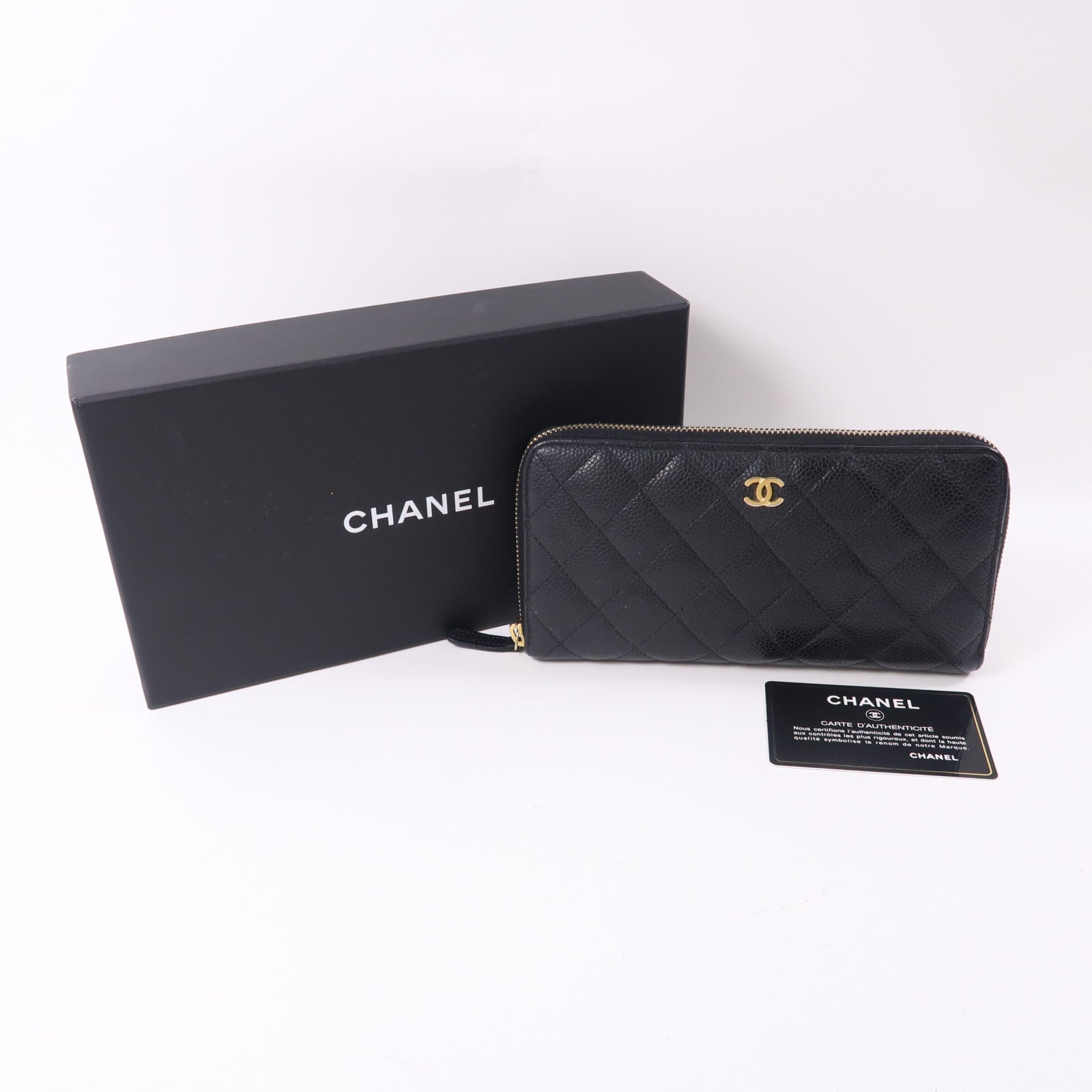 CHANEL 牛皮皮革Zipper Long Wallet金扣長錢包黑色