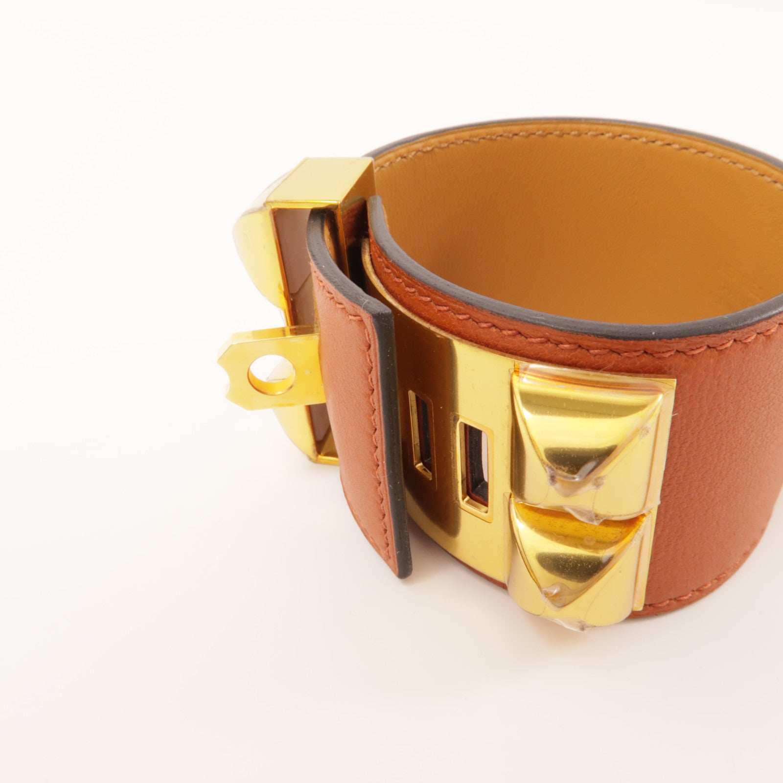 HERMES Swift皮革CDC金扣手鐲棕色