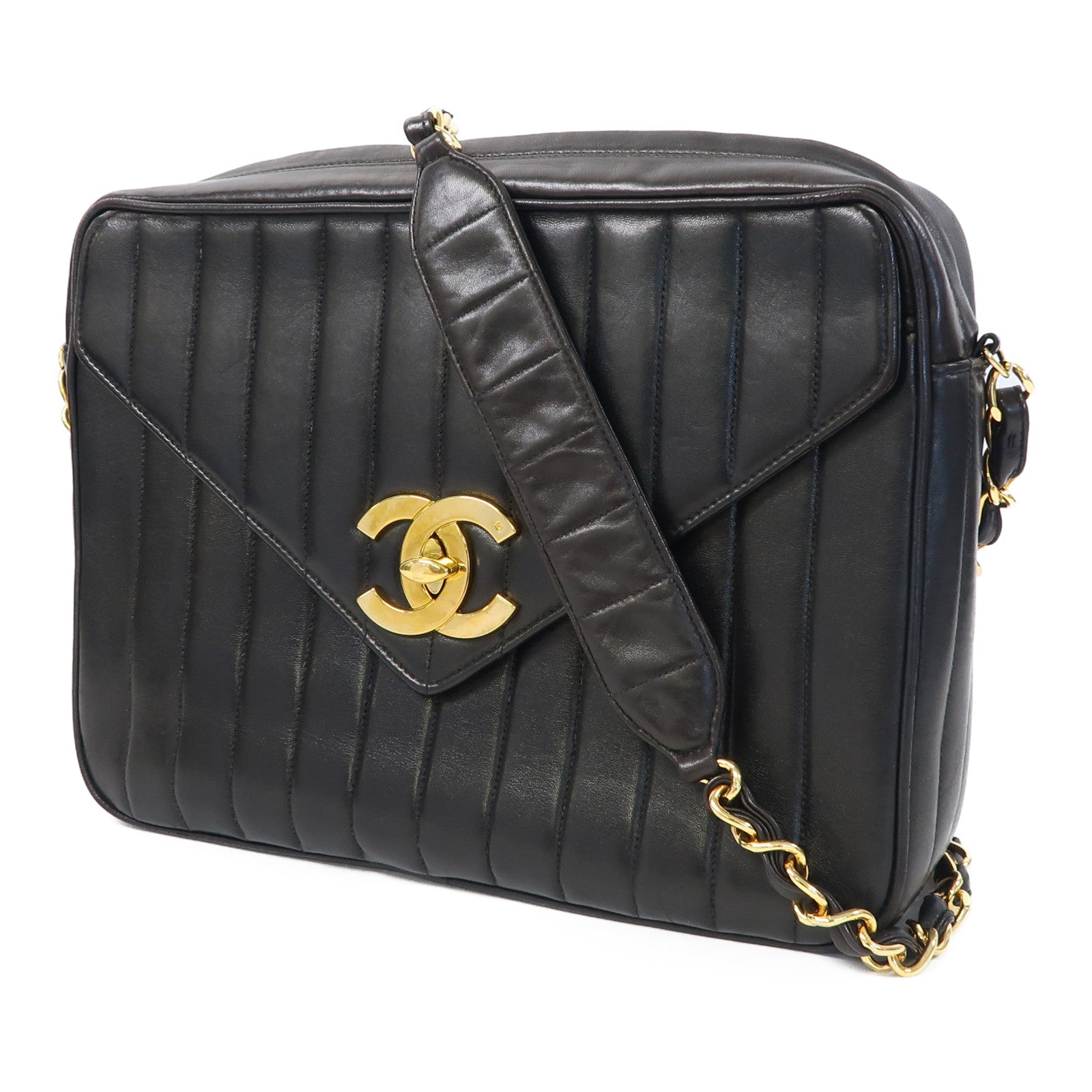 CHANEL 牛皮皮革Chain Shoulder金扣鏈帶肩背袋黑色