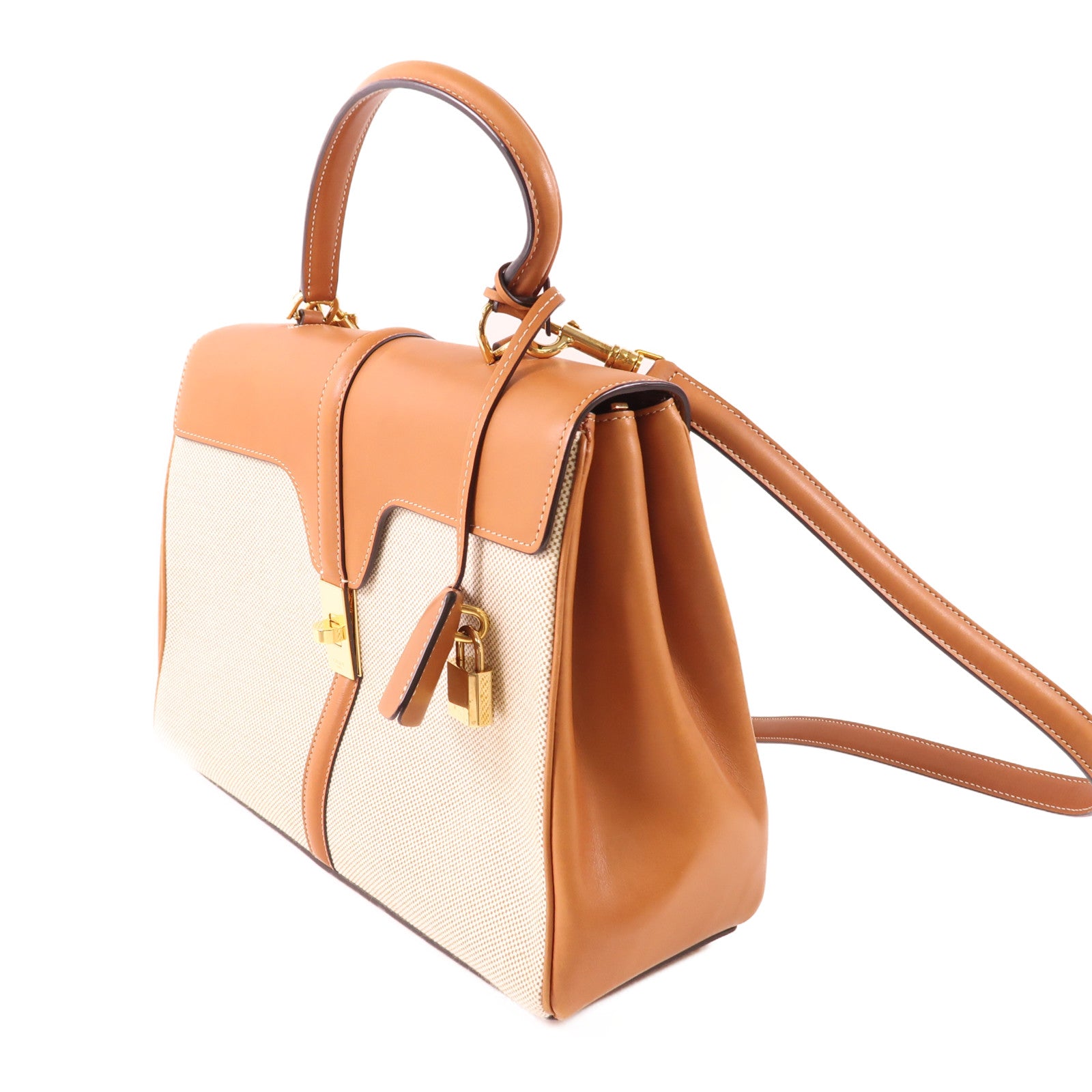 CELINE 帆布/牛皮皮革Classique 16金扣手挽肩背兩用袋