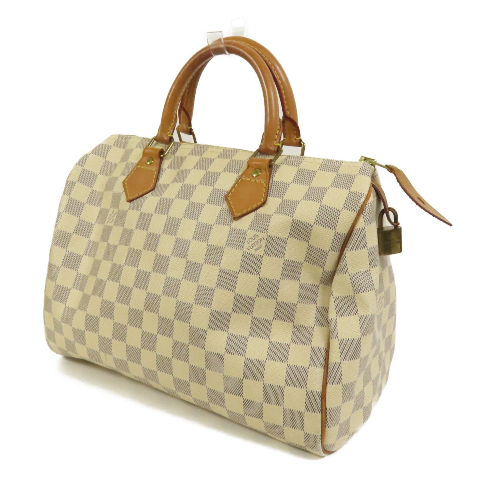 LOUIS VUITTON Damier Azur Speedy 30金扣手挽袋白色