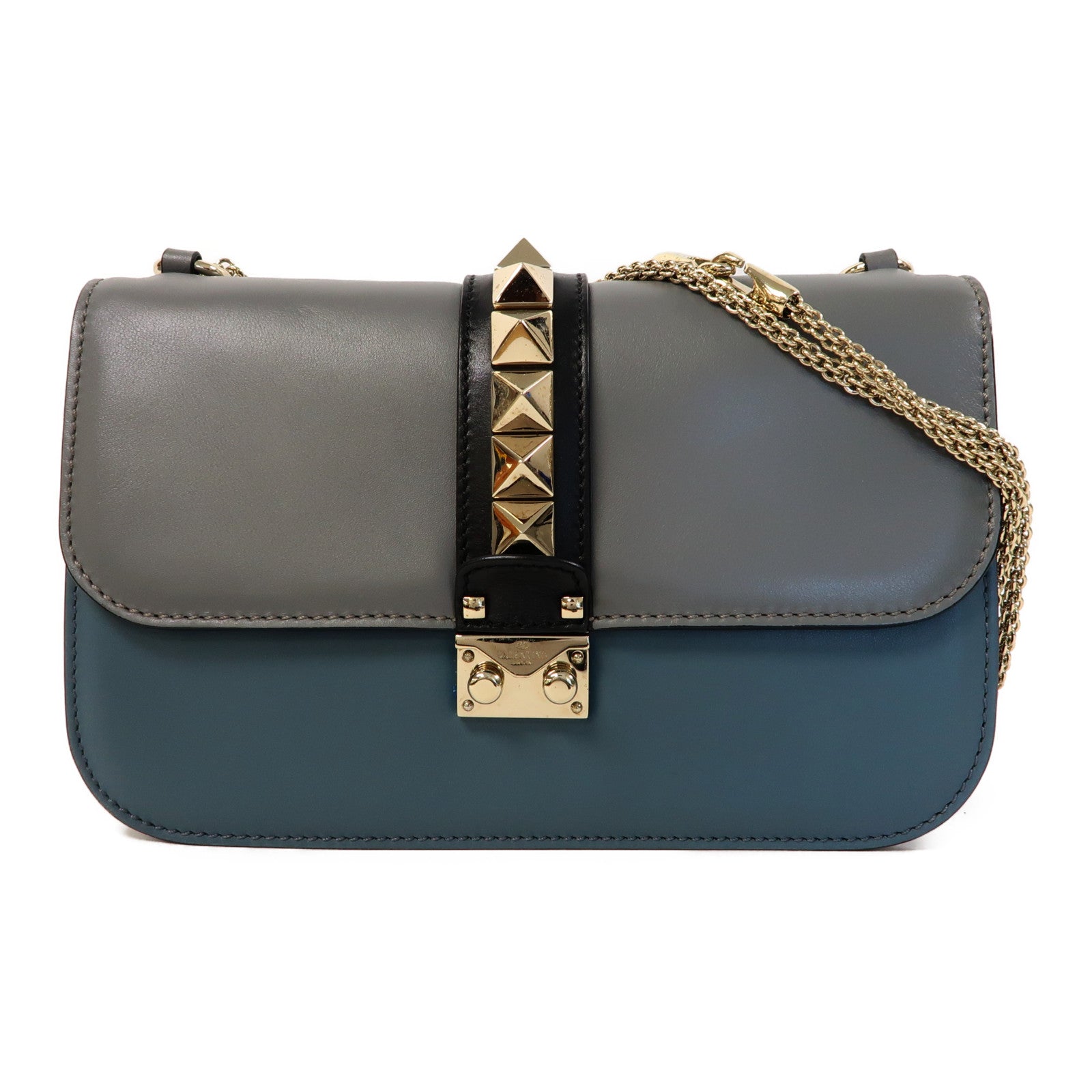 Valentino 【激減優惠】皮革Shoulder Bag銀扣肩背袋藍色/黑色
