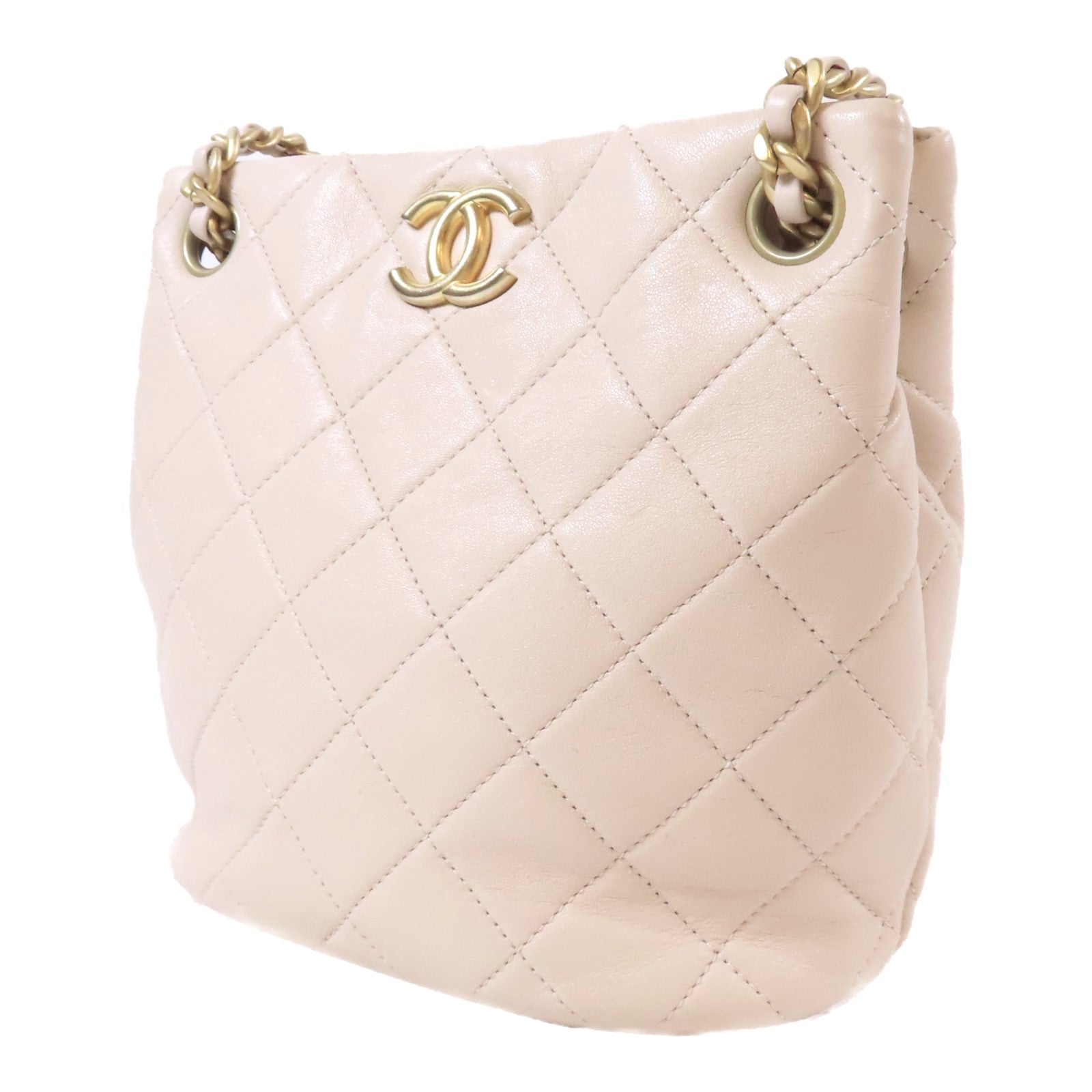 CHANEL 【激減優惠】菱格羊皮皮革Bucket Bag金扣鏈帶肩背袋米色