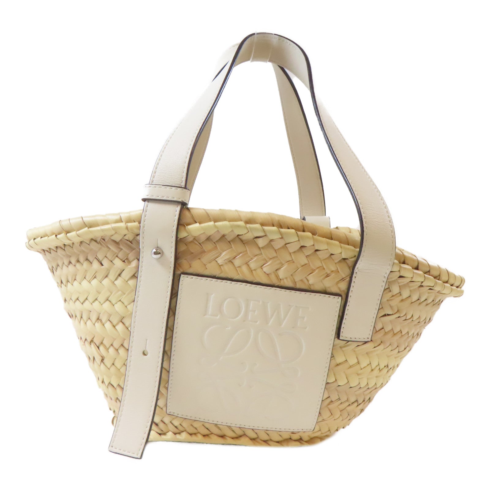 LOEWE 【激減優惠】Raffia/皮革Basket In Palm銀扣手挽袋米色/白色