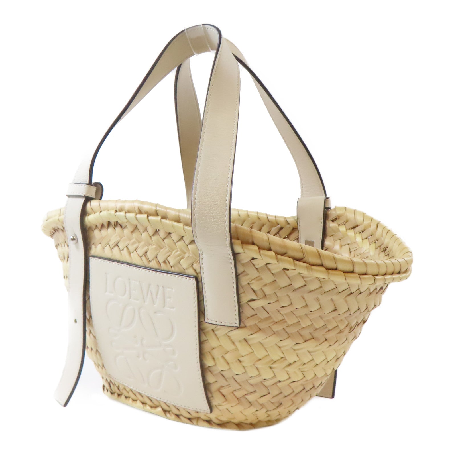 LOEWE 【激減優惠】Raffia/皮革Basket In Palm銀扣手挽袋米色/白色