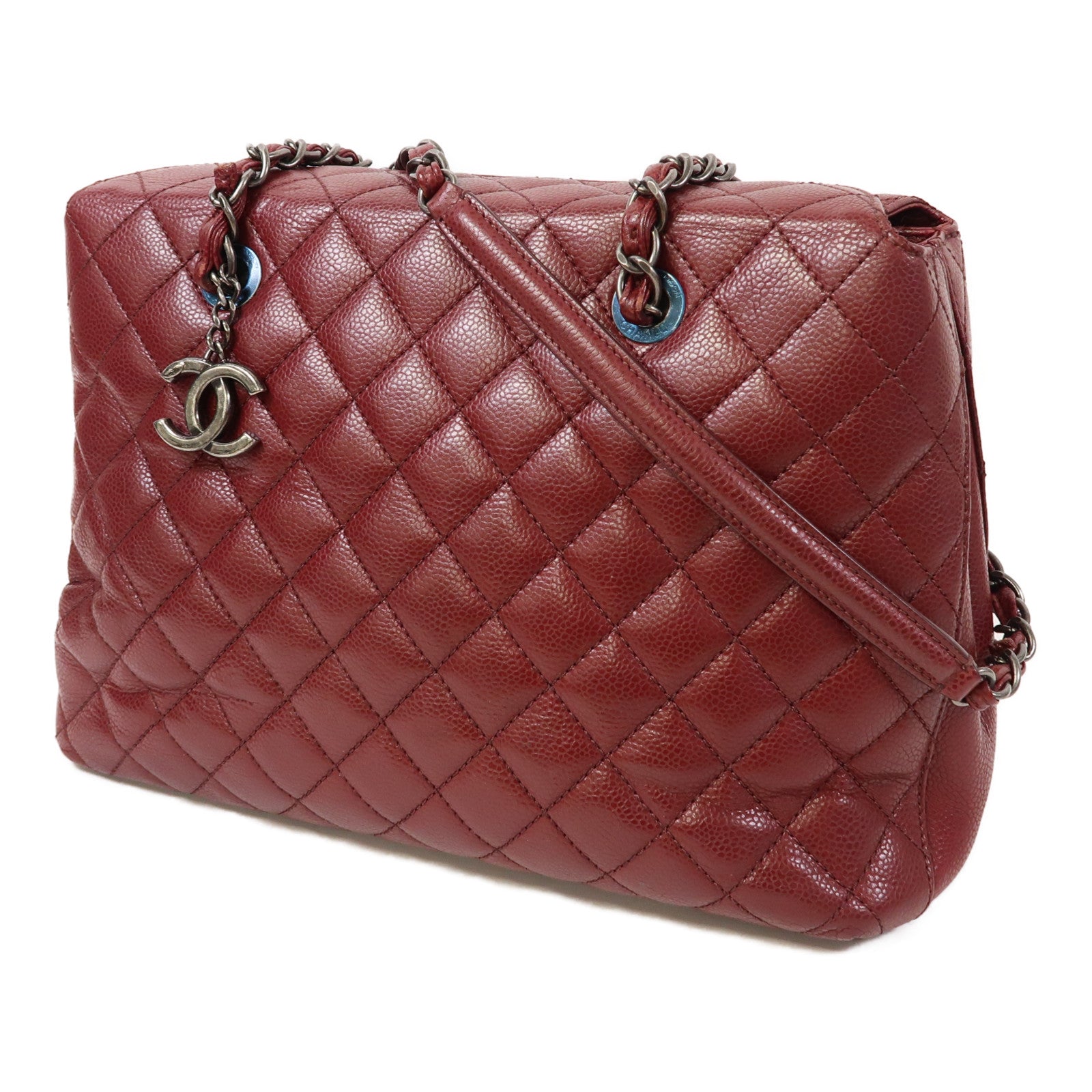 CHANEL 【激減優惠】菱格牛皮皮革Chain Shoulder銀扣鏈帶肩背袋紅色