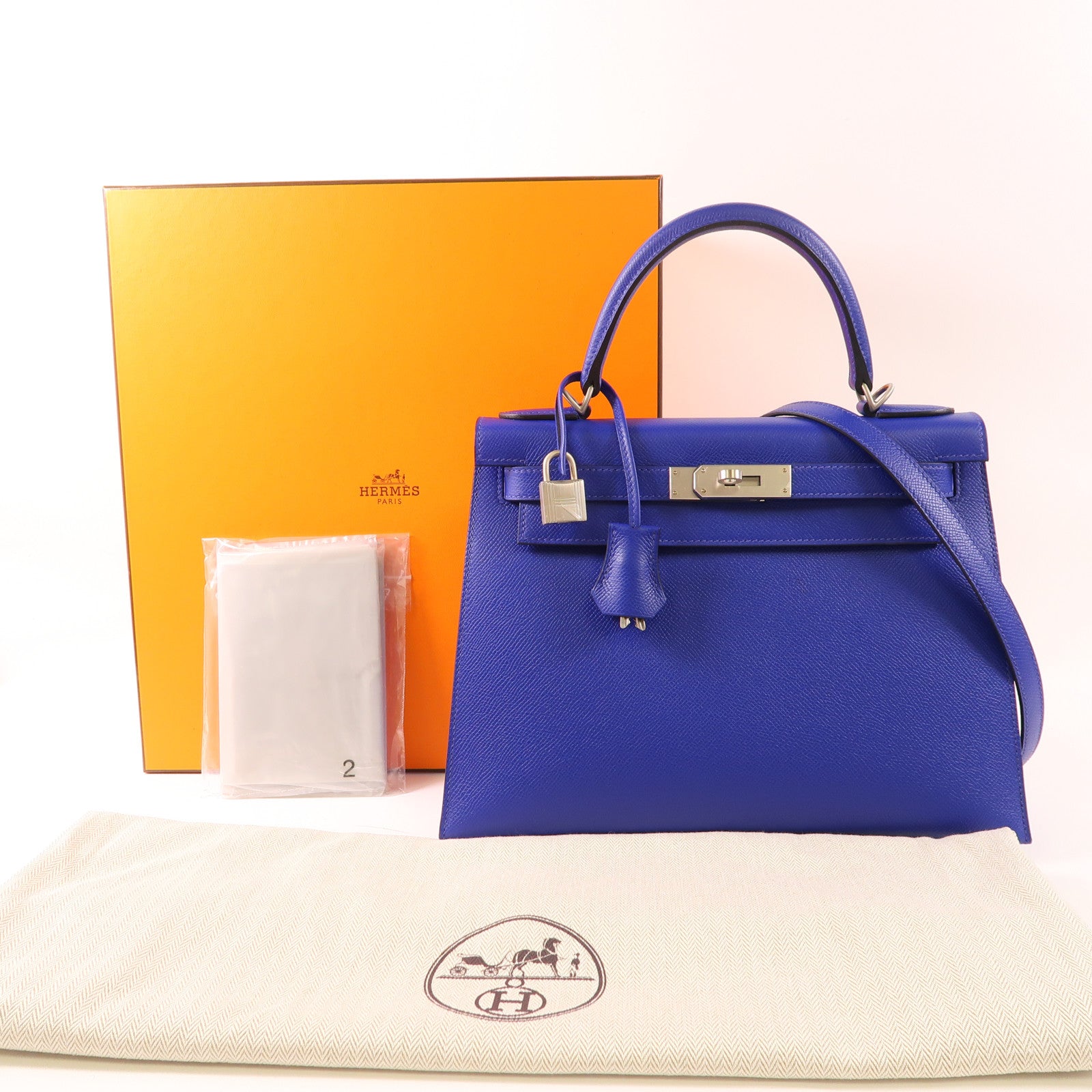 HERMES Epsom皮革Kelly 28銀扣手挽肩背兩用袋7T Bleu Electrique