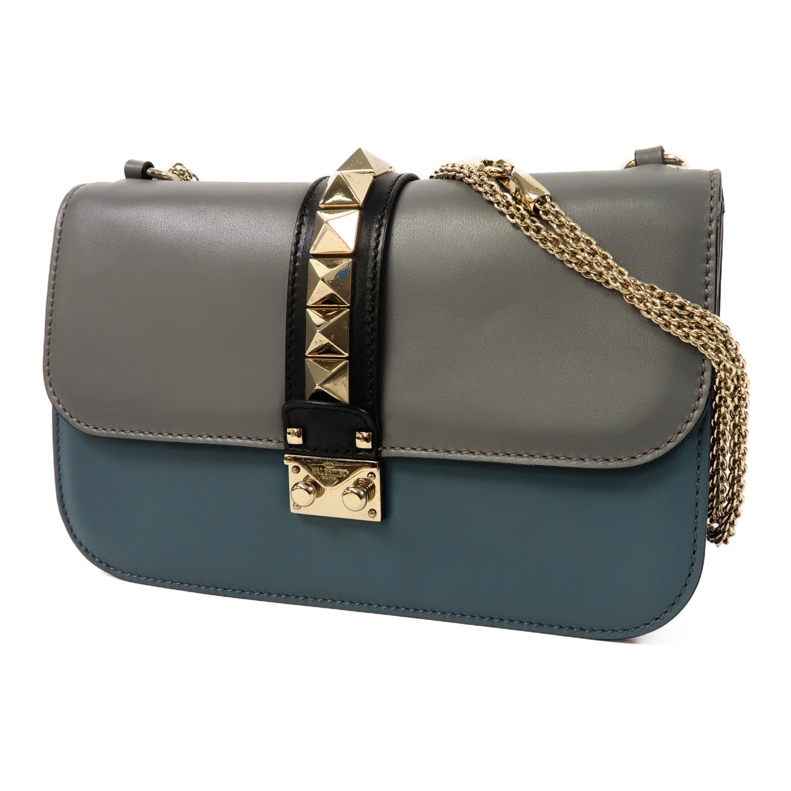 Valentino 【激減優惠】皮革Shoulder Bag銀扣肩背袋藍色/黑色