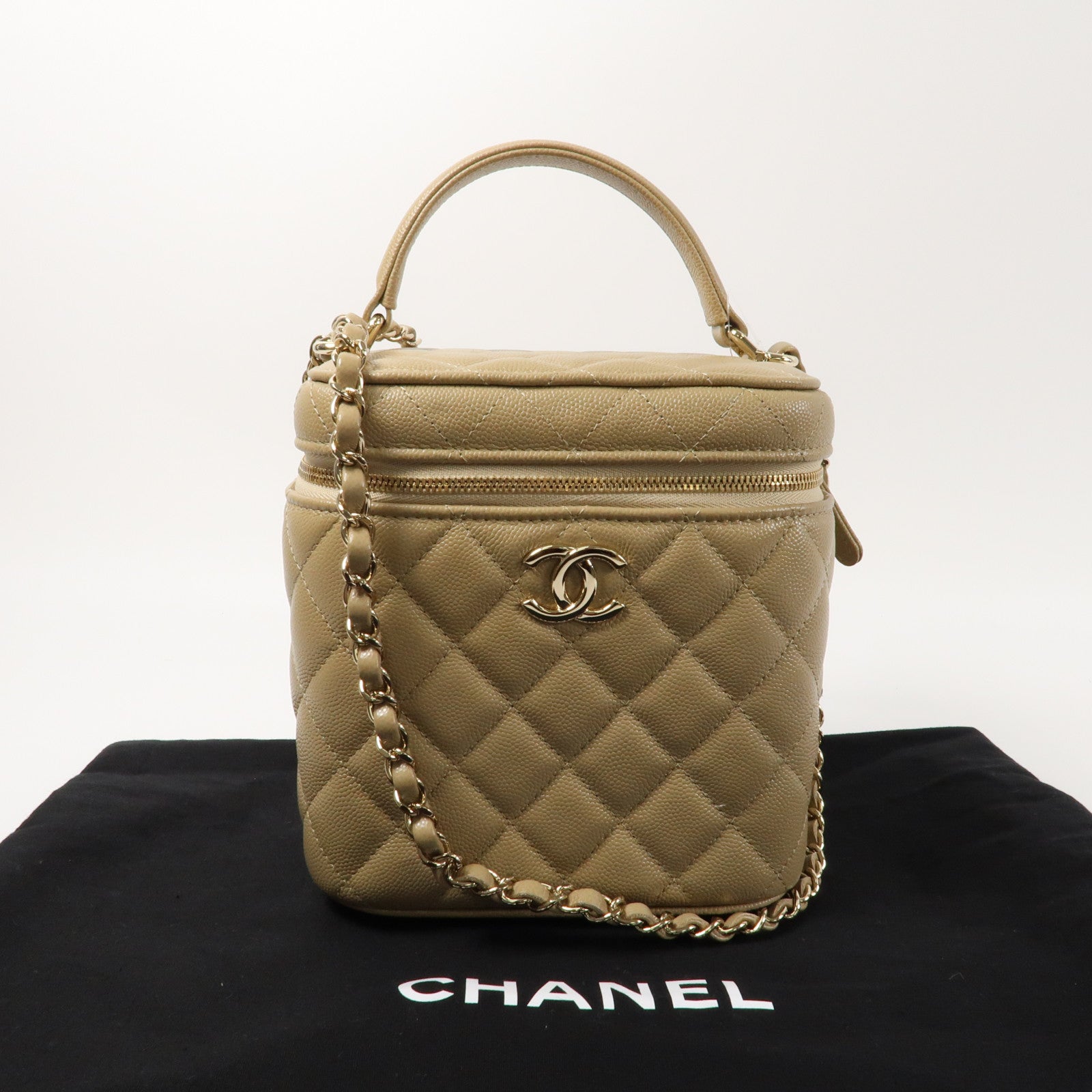 CHANEL 牛皮皮革Vanity Case金扣鏈帶手挽肩背兩用袋