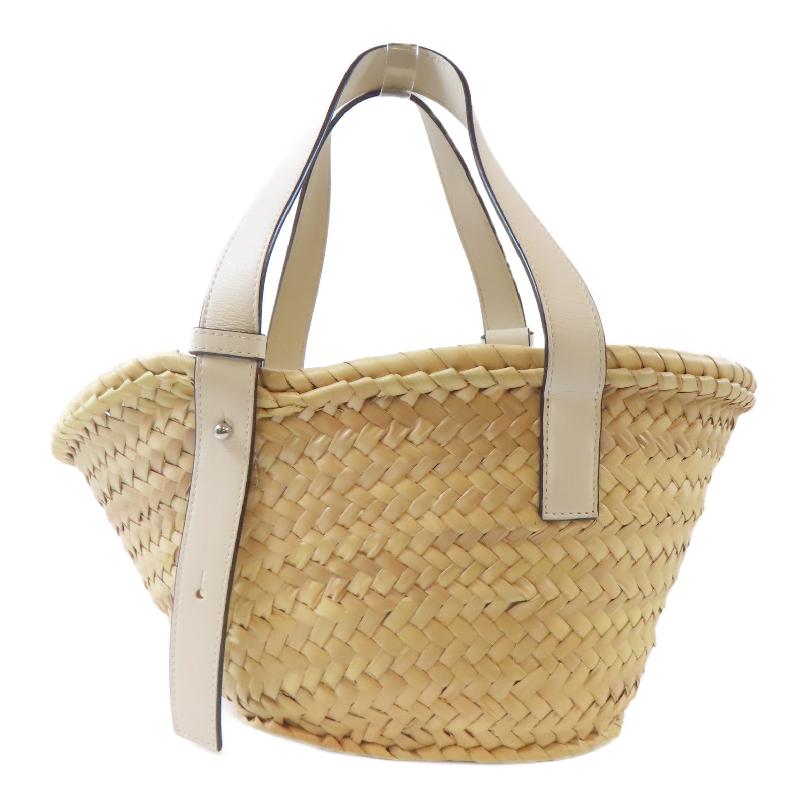 LOEWE 【激減優惠】Raffia/皮革Basket In Palm銀扣手挽袋米色/白色