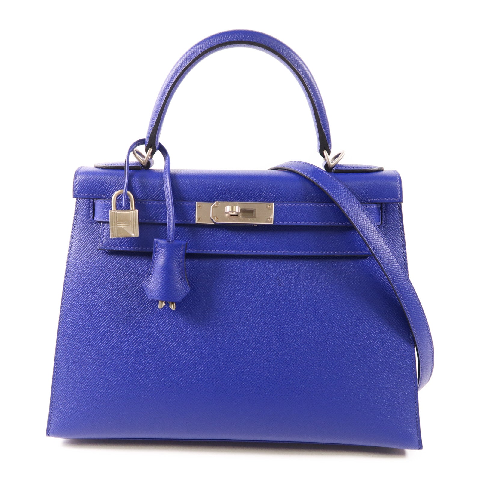 HERMES Epsom皮革Kelly 28銀扣手挽肩背兩用袋7T Bleu Electrique