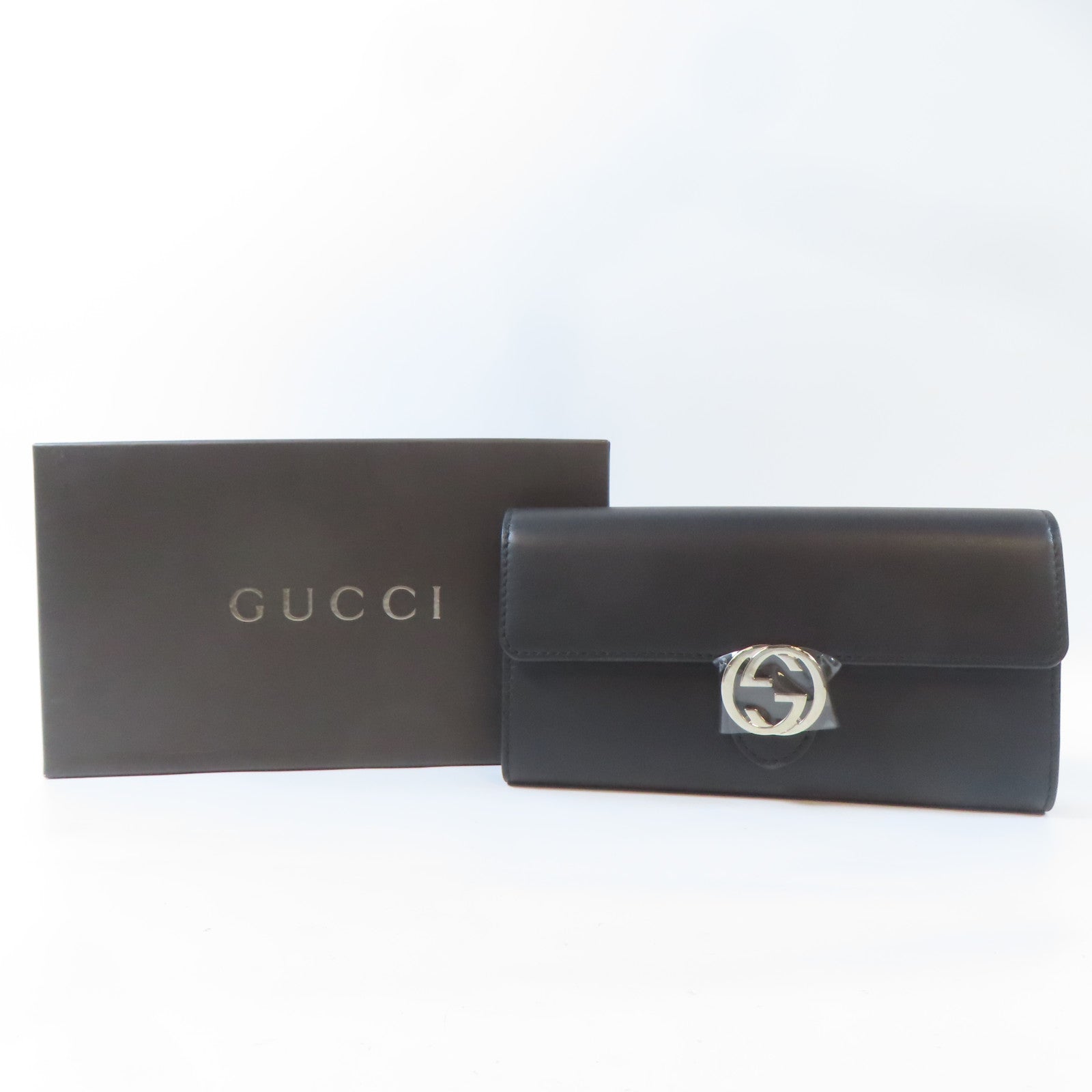 GUCCI 牛皮皮革Long Wallet銀扣長錢包黑色