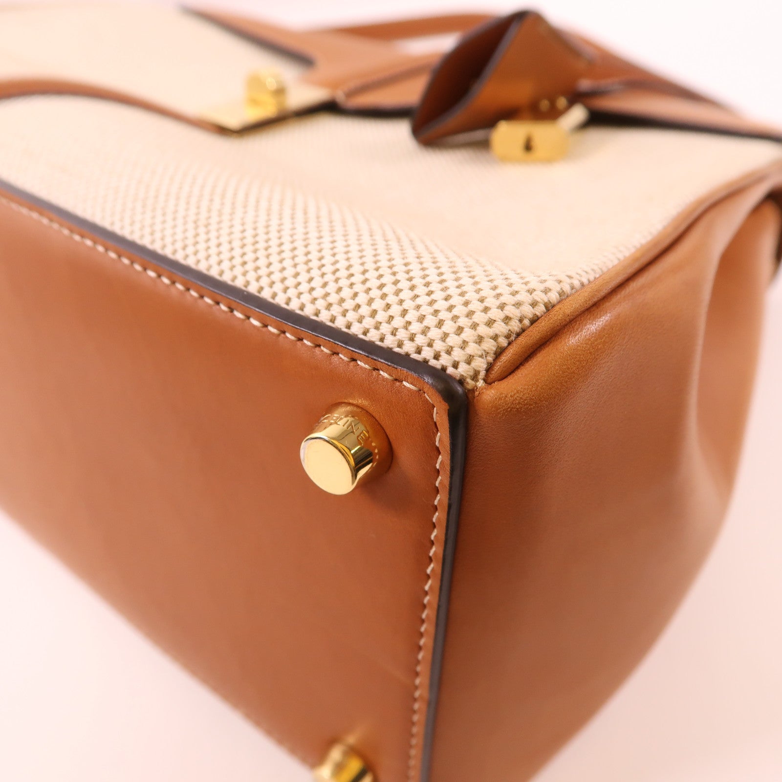 CELINE GHW Classique 16 2Way Shoulder Handbag Canvas/Calfskin Leather Caramel