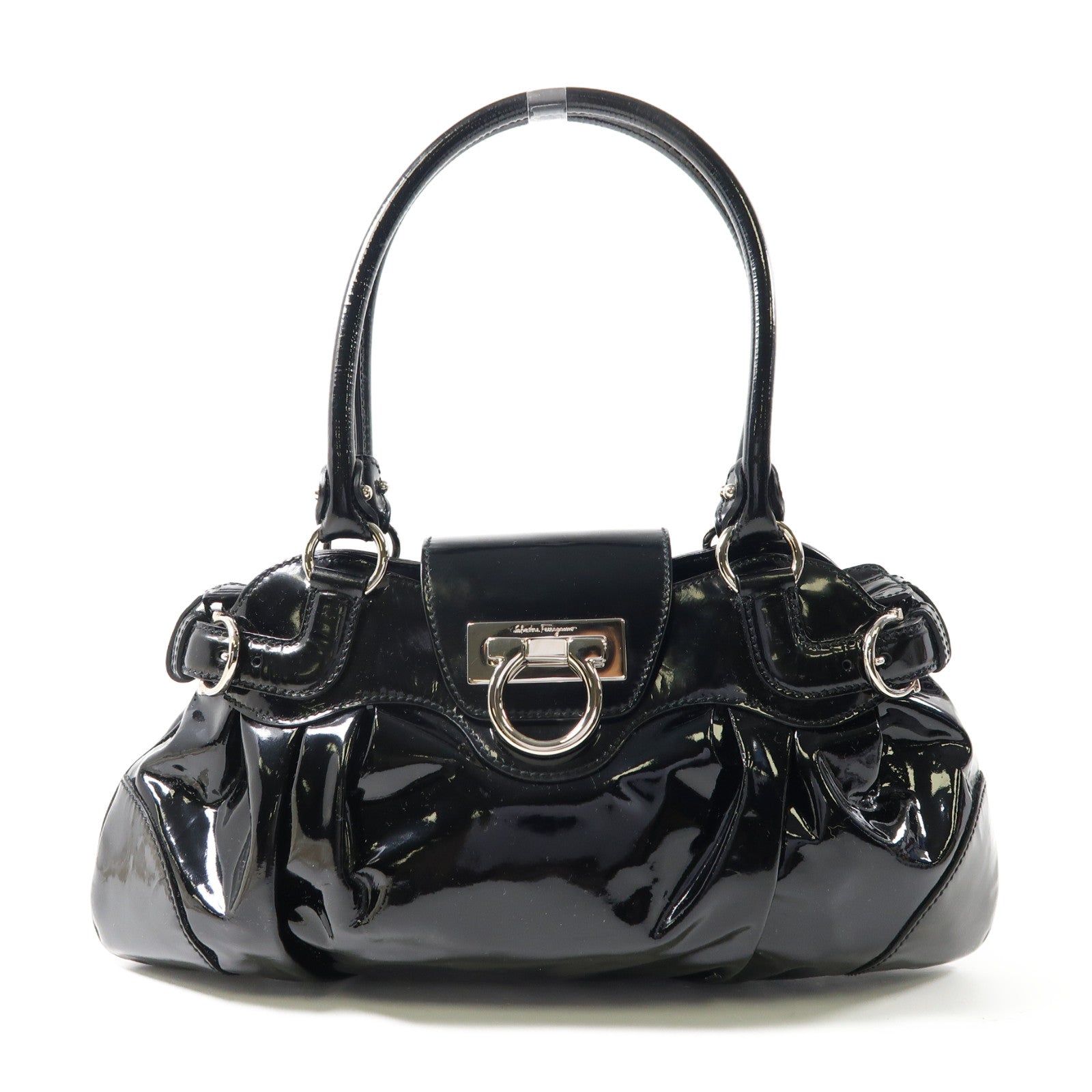 Salvatore Ferragamo 漆皮皮革Hand Bag銀扣手挽袋黑色