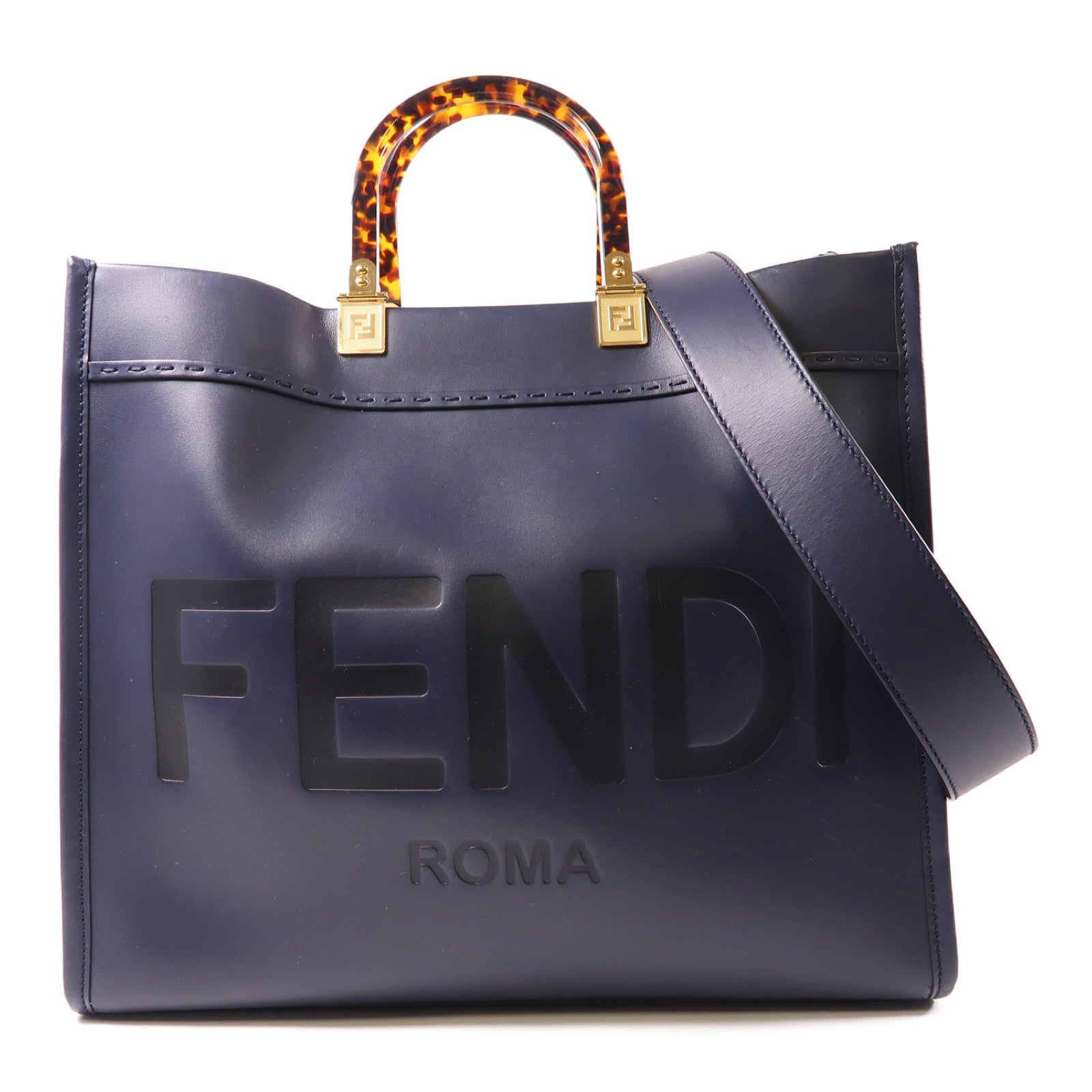 FENDI 【激減優惠】牛皮皮革Sunshine Tote金扣手挽肩背兩用袋深藍色