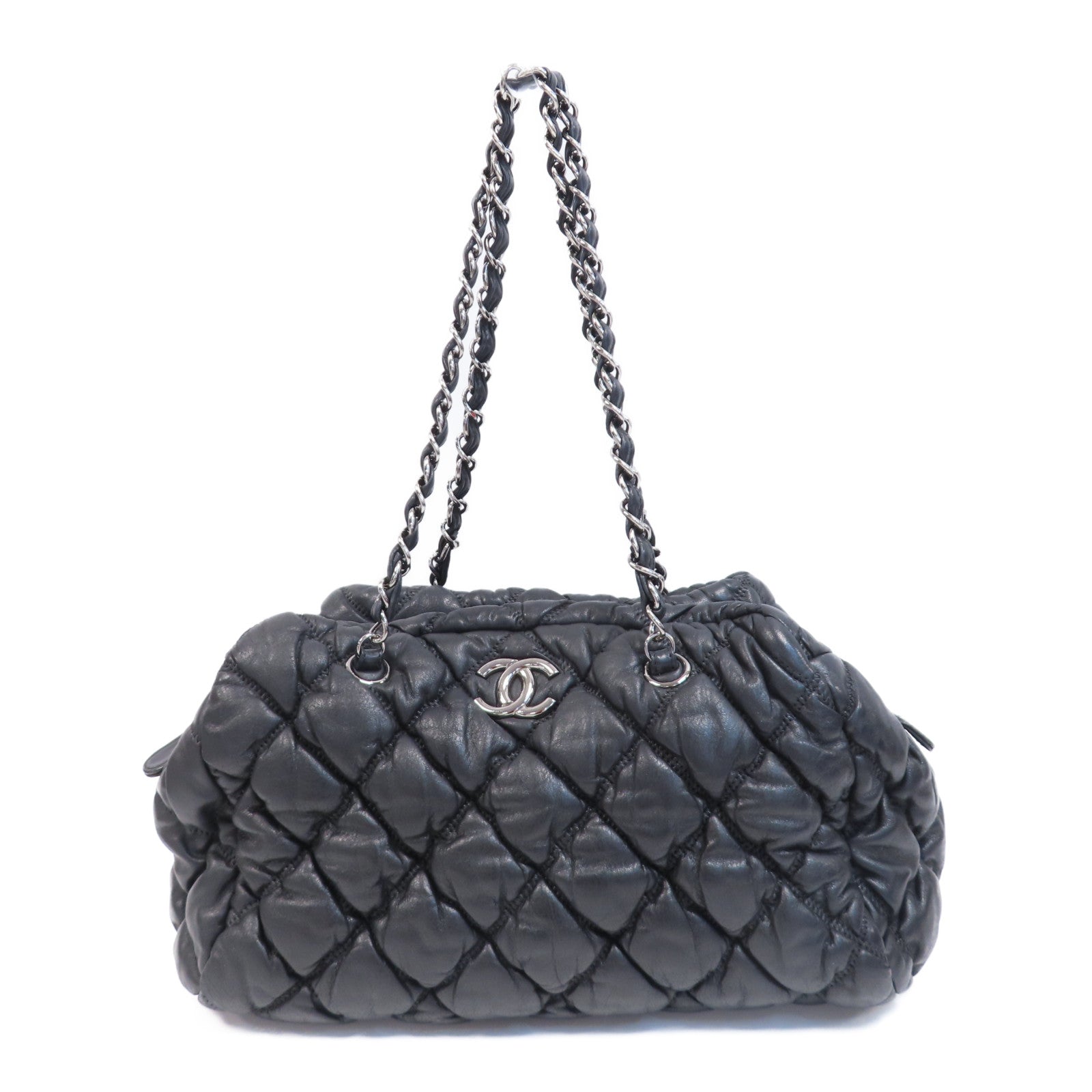 CHANEL 菱格牛皮皮革Shoulder Bag銀扣鏈帶肩背袋黑色