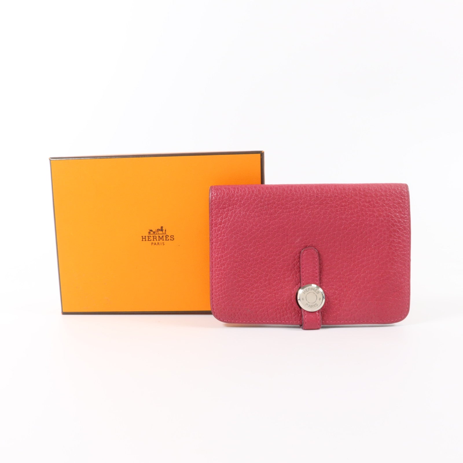 HERMES Clemence皮革Dogon Compact Wallet銀扣錢包Rose Mexico