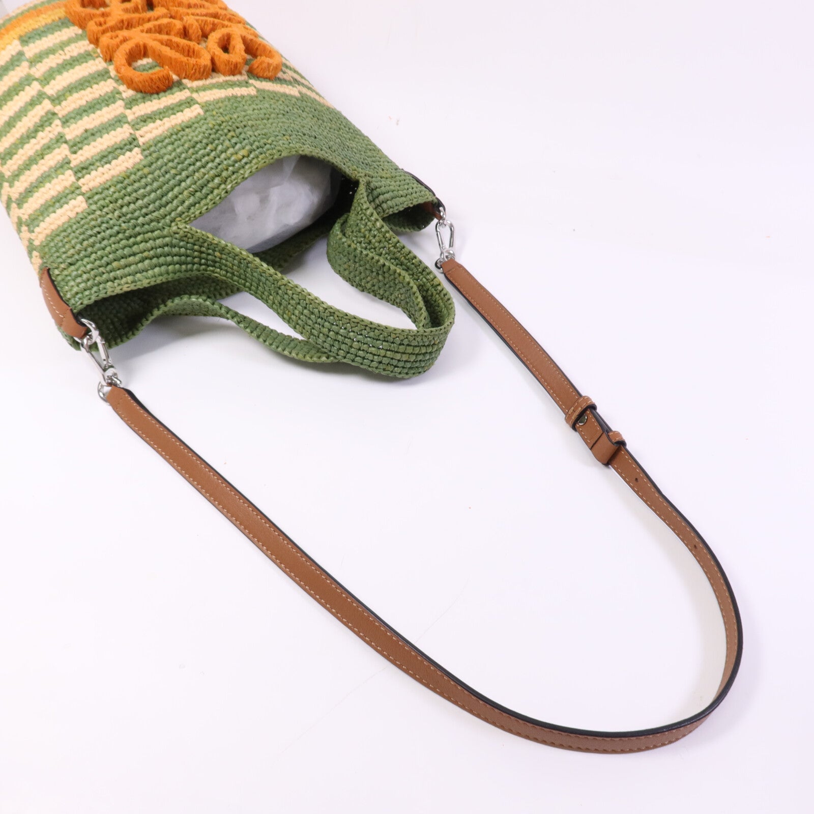 LOEWE 牛皮皮革/Raffia Paula's Ibiza Slit Mini銀扣手挽肩背兩用袋