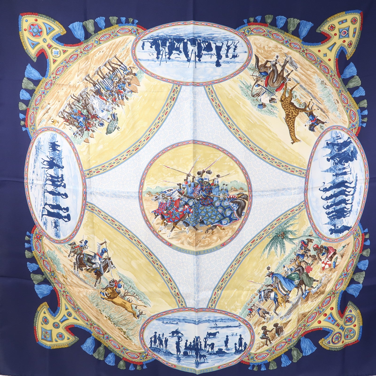 HERMES 絲質Scarf 90X90cm絲巾深藍色/彩色