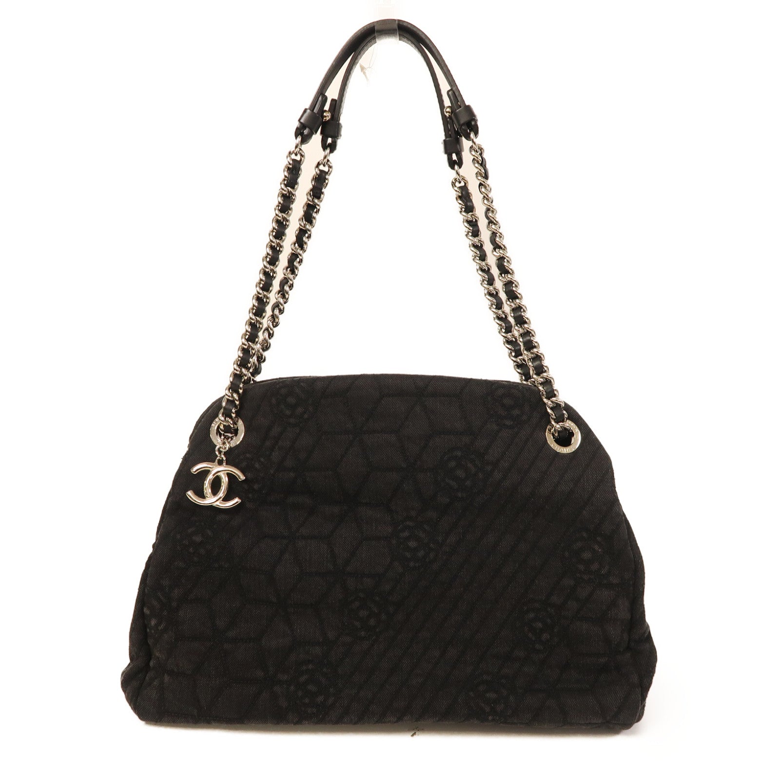 CHANEL 帆布Shoulder Bag銀扣肩背袋黑色
