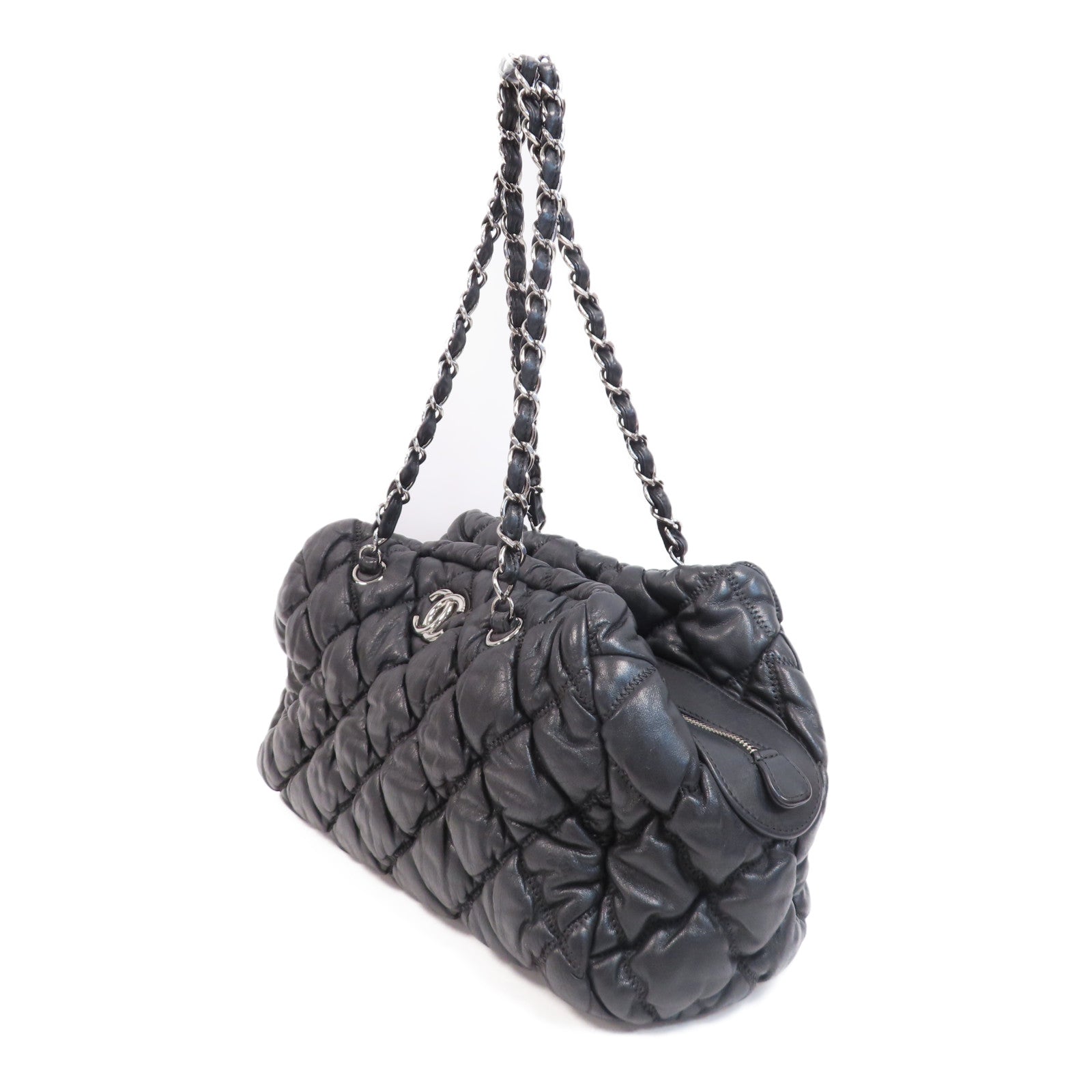 CHANEL 菱格牛皮皮革Shoulder Bag銀扣鏈帶肩背袋黑色