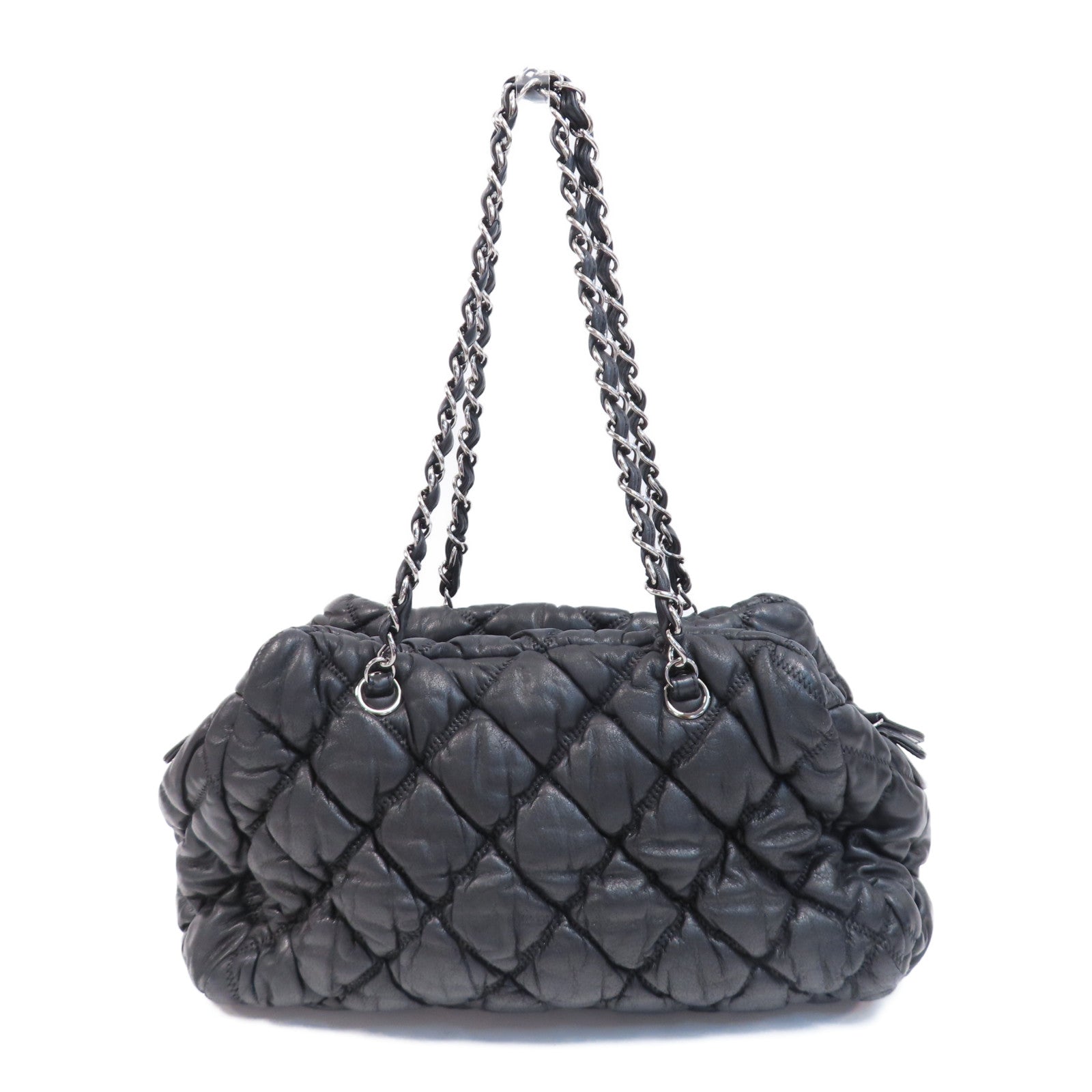 CHANEL 菱格牛皮皮革Shoulder Bag銀扣鏈帶肩背袋黑色