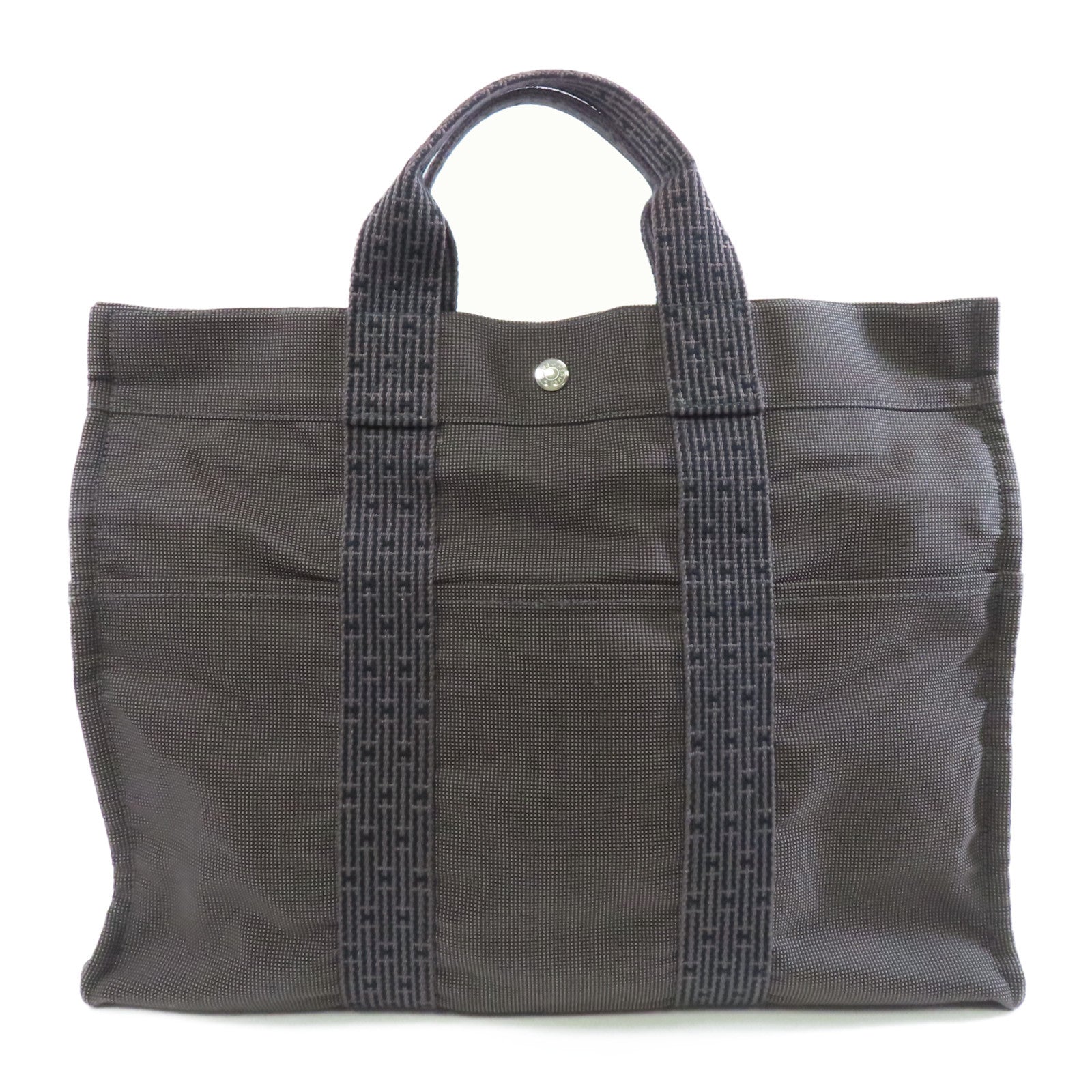HERMES Canvas Herline Tote Silver Buckle Handbag Gray