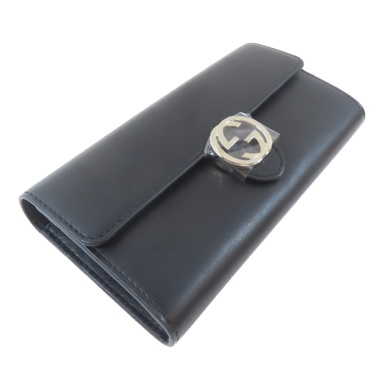 GUCCI 牛皮皮革Long Wallet銀扣長錢包黑色
