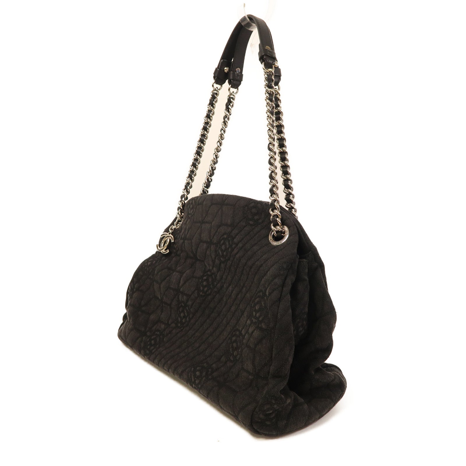CHANEL 帆布Shoulder Bag銀扣肩背袋黑色