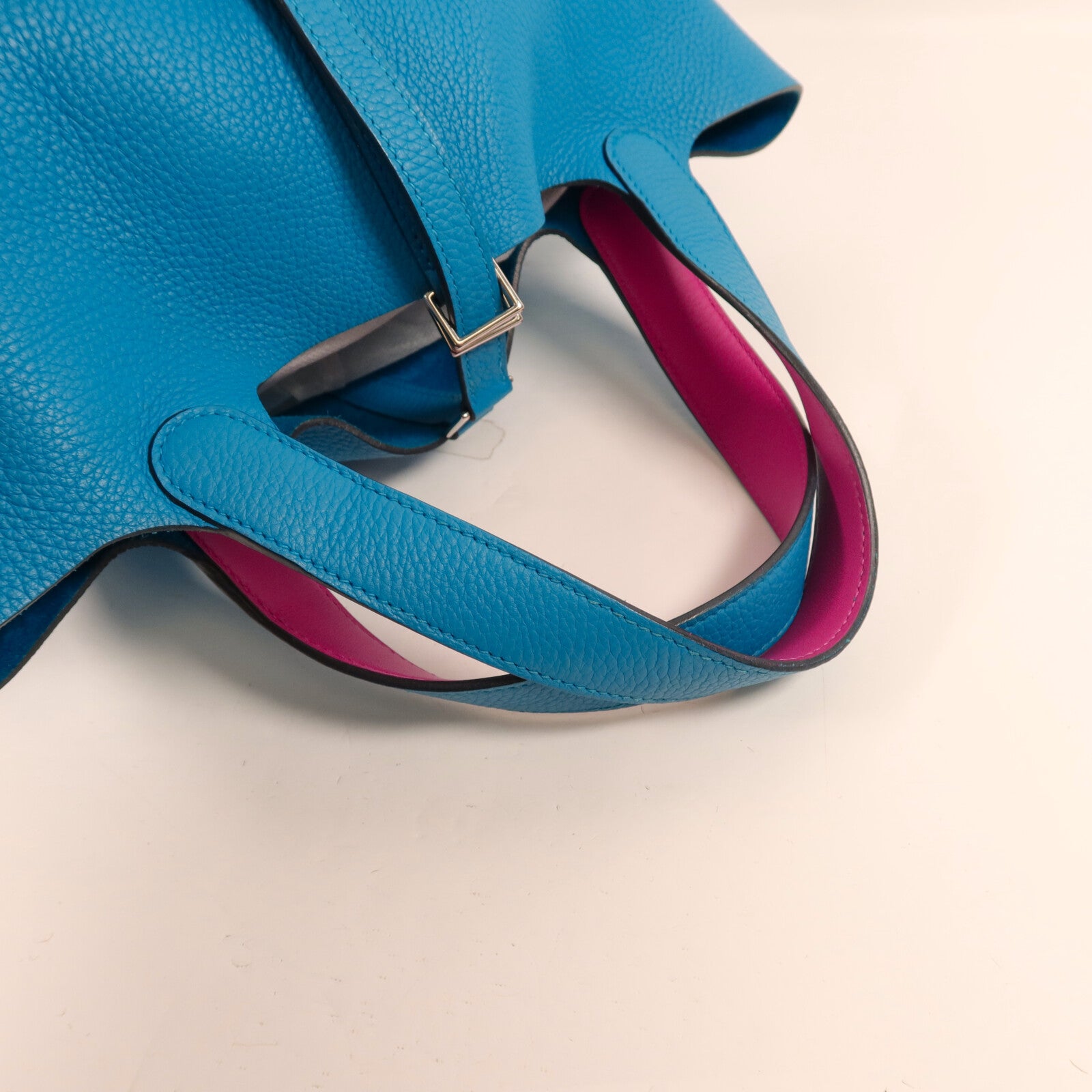 HERMES Clemence皮革Picotin MM扣手挽袋Bleu Frida/Rose Mex