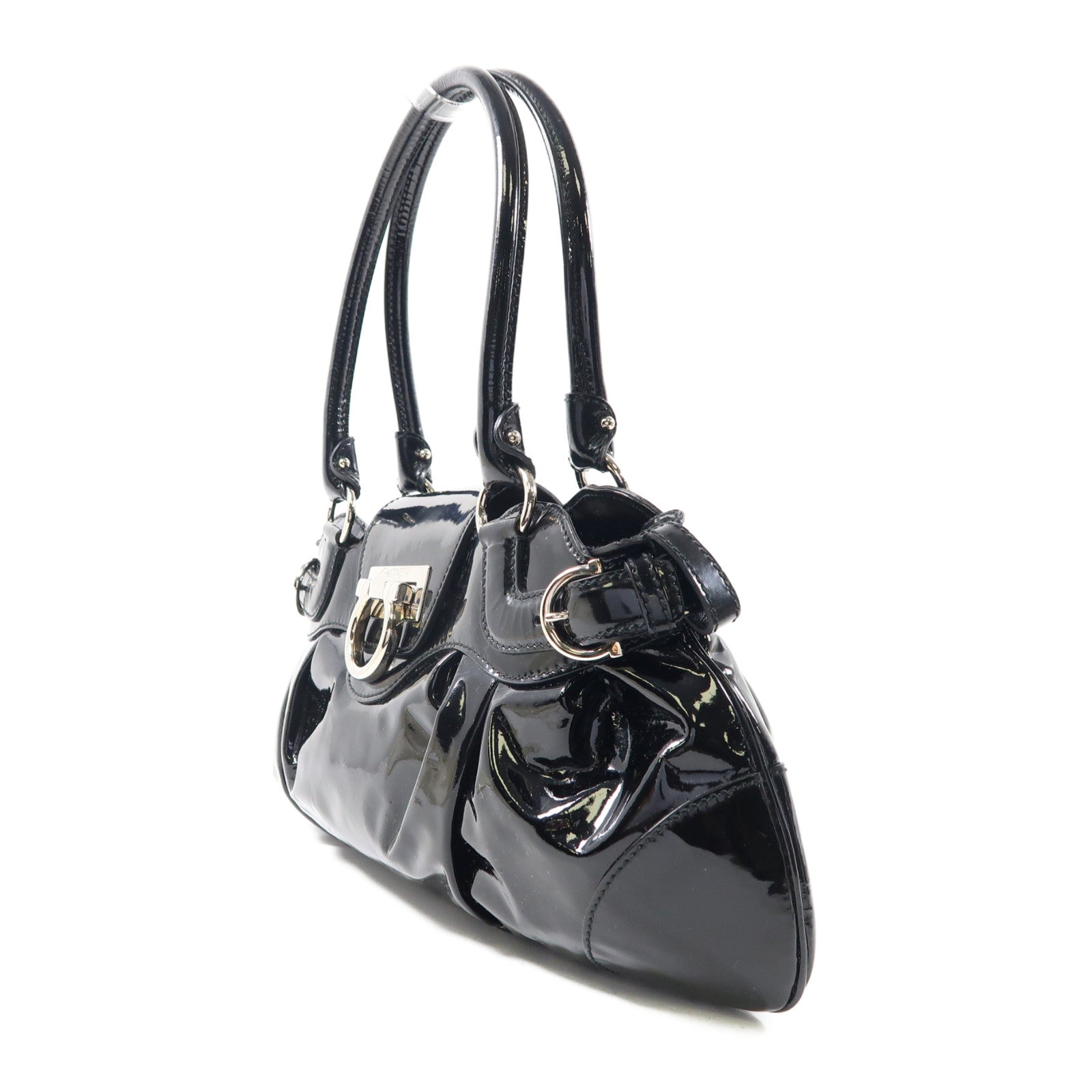 Salvatore Ferragamo 漆皮皮革Hand Bag銀扣手挽袋黑色
