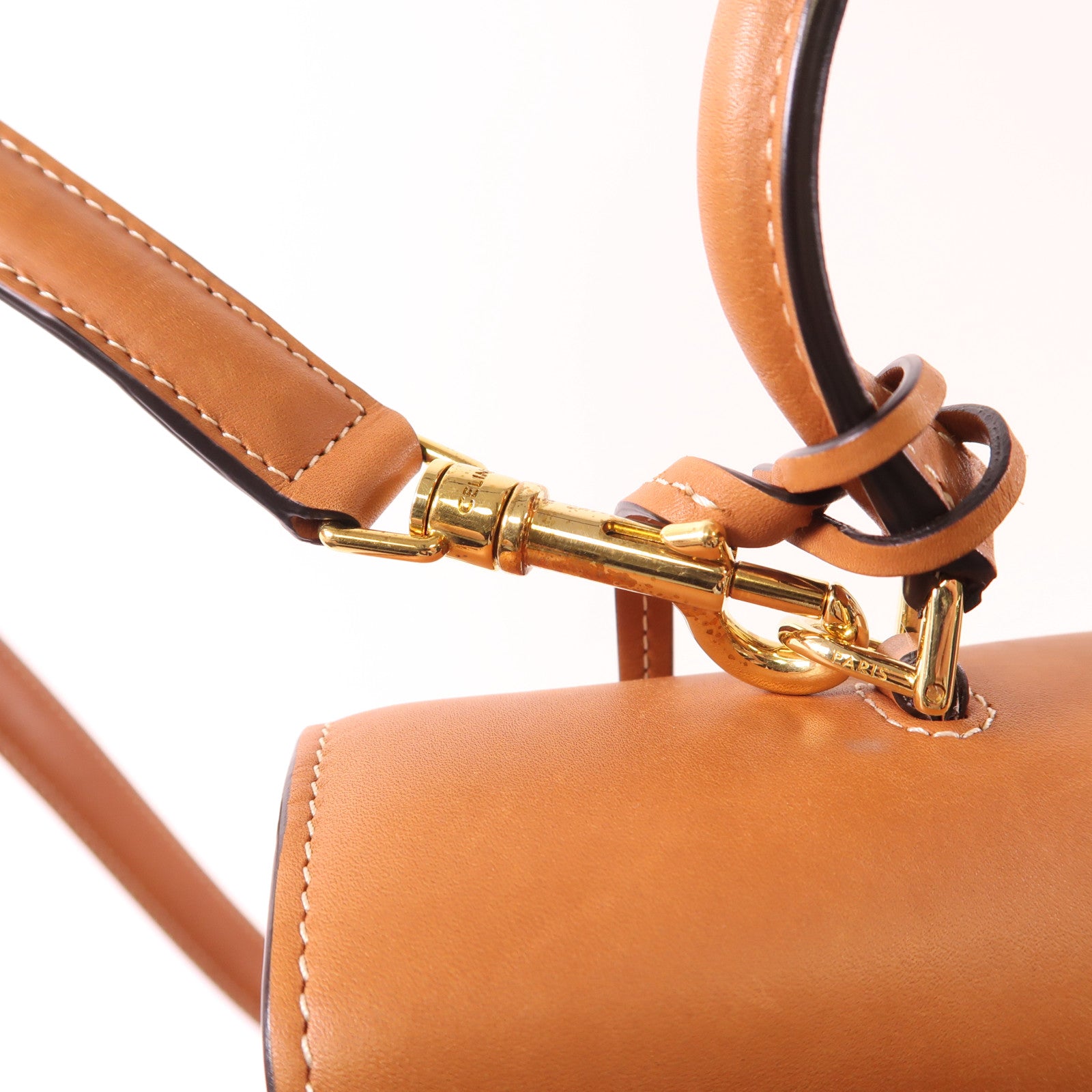 CELINE GHW Classique 16 2Way Shoulder Handbag Canvas/Calfskin Leather Caramel