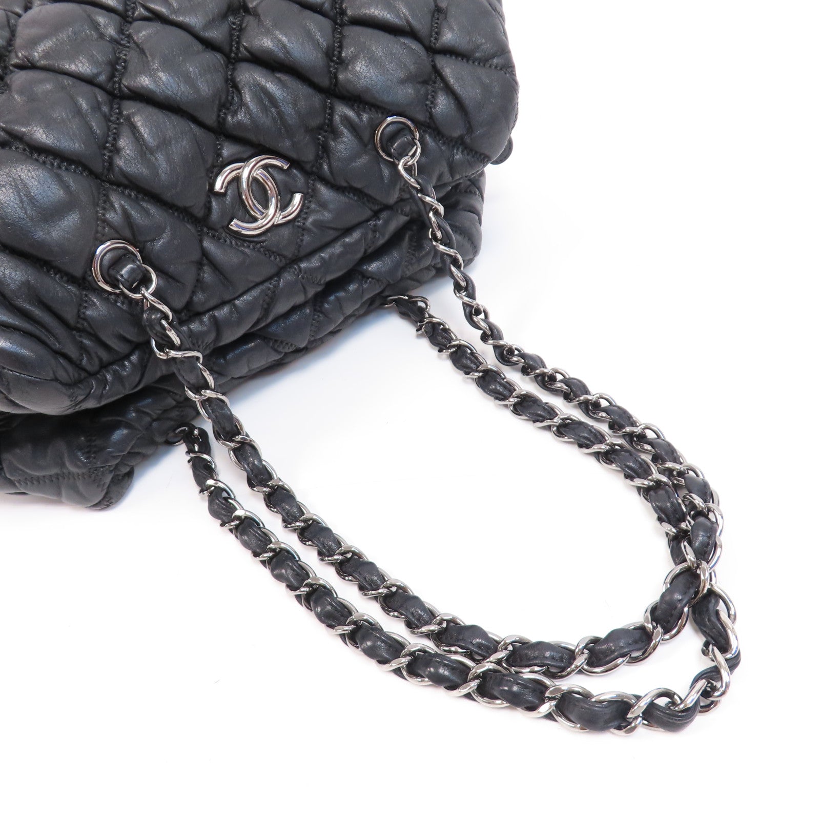 CHANEL 菱格牛皮皮革Shoulder Bag銀扣鏈帶肩背袋黑色