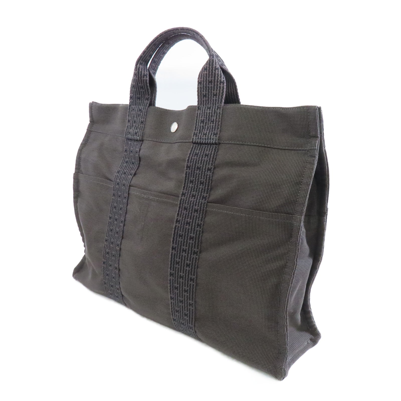 HERMES Canvas Herline Tote Silver Buckle Handbag Gray