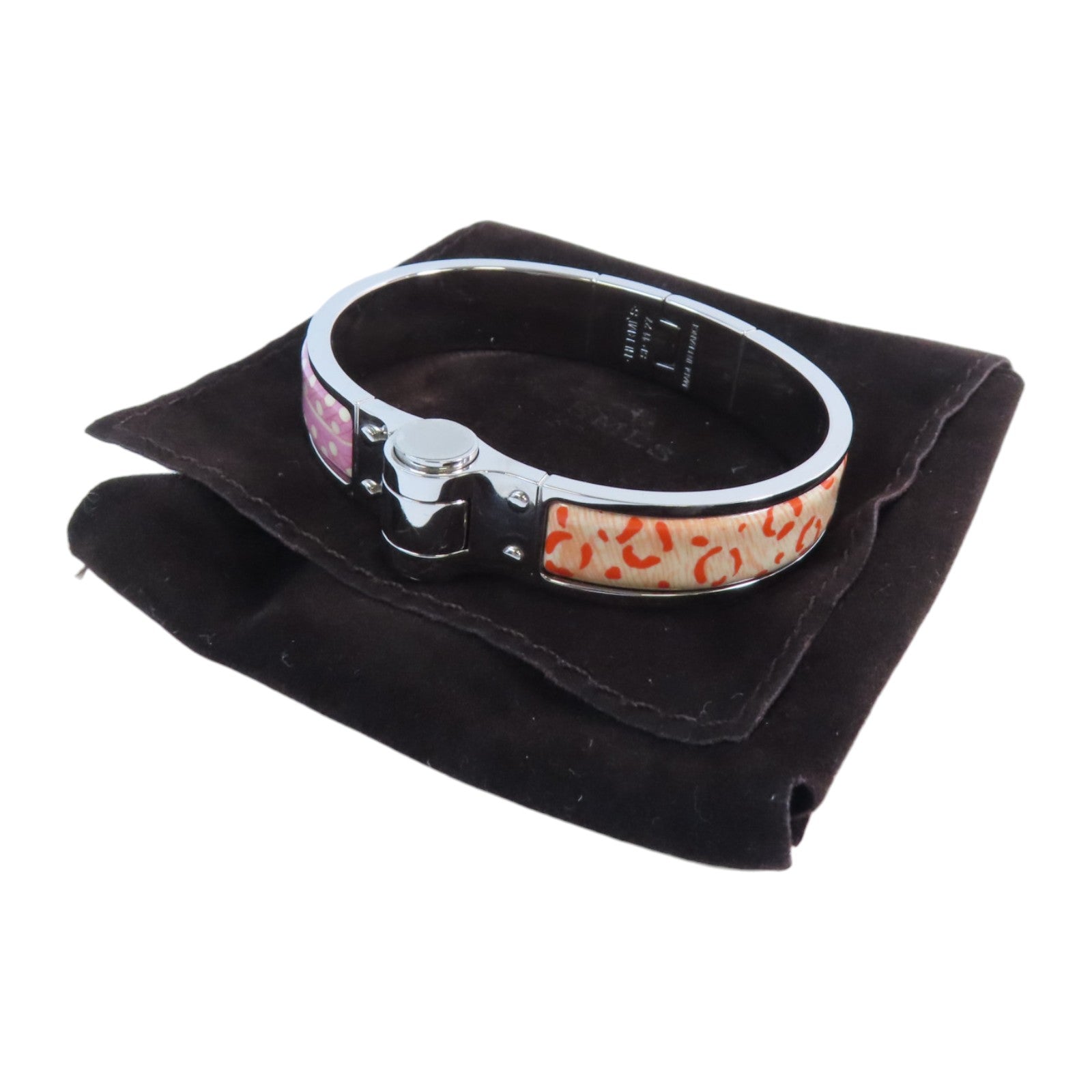 HERMES PHW Hinged Bracelet Bangle Metal Enamel Pink Orange Multicolor