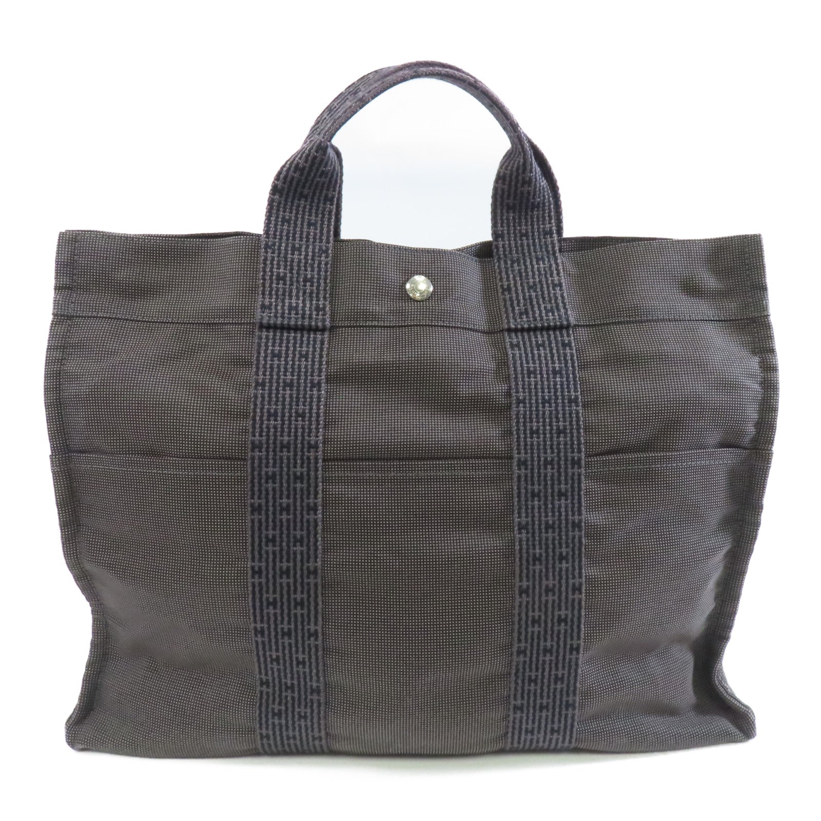 HERMES Canvas Herline Tote Silver Buckle Handbag Gray