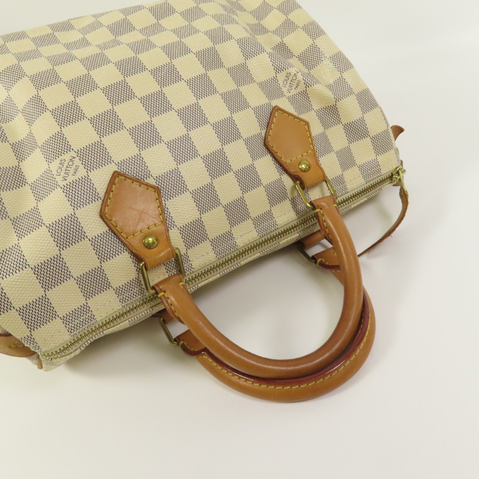 LOUIS VUITTON Damier Azur Speedy 30金扣手挽袋白色