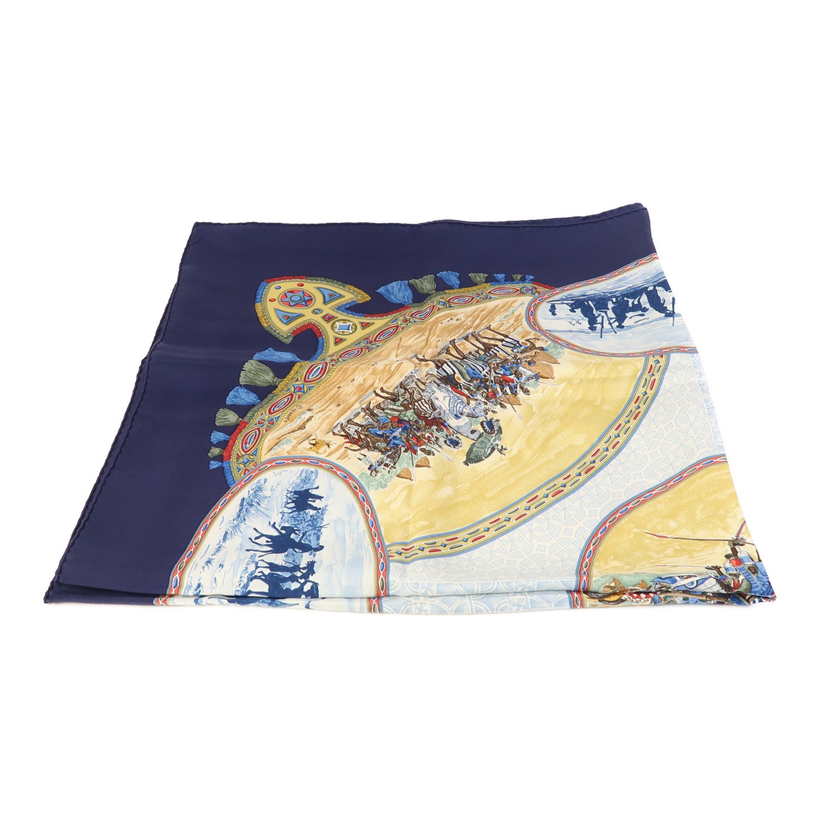 HERMES 絲質Scarf 90X90cm絲巾深藍色/彩色